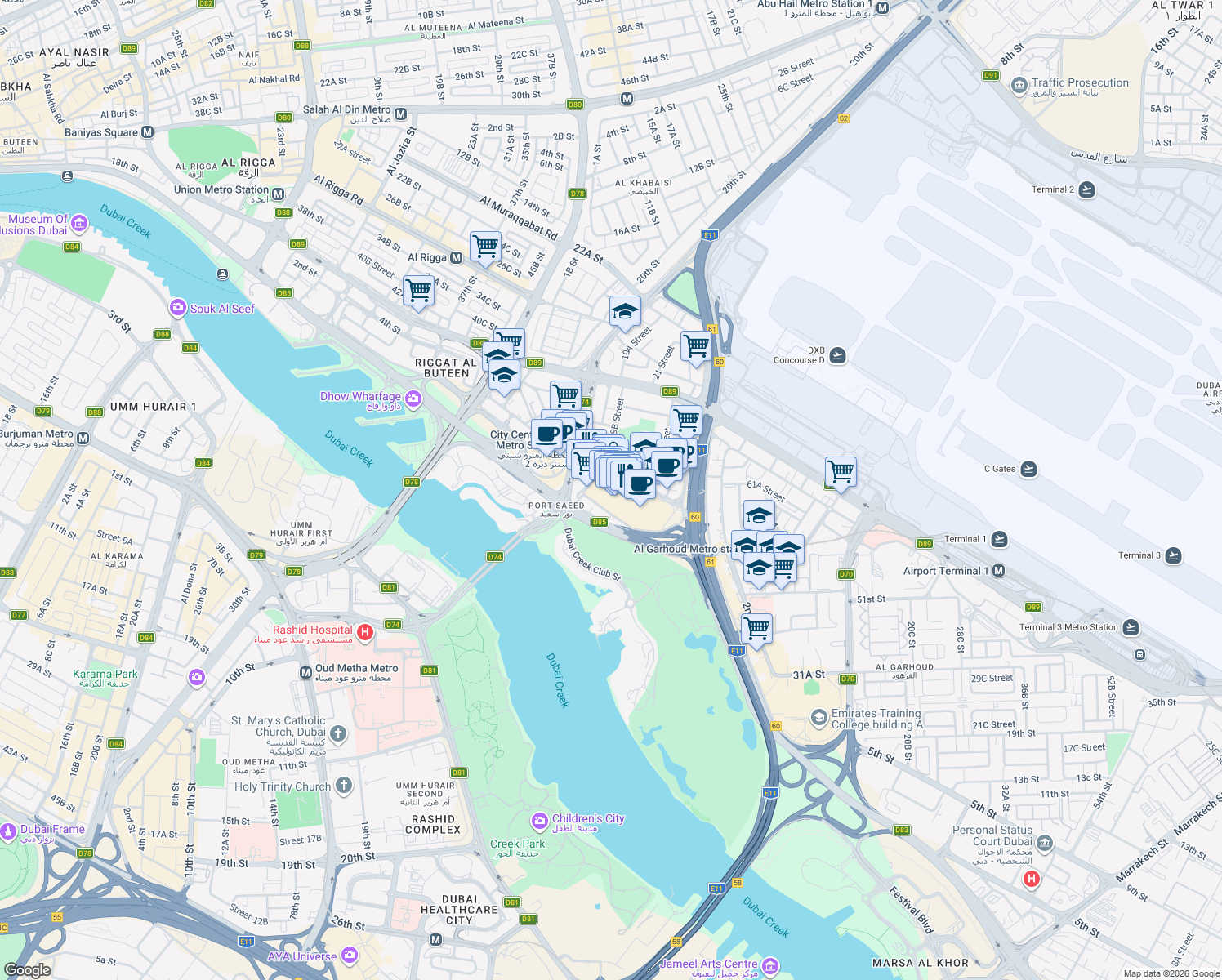 map of restaurants, bars, coffee shops, grocery stores, and more near 8th Street in Dubai