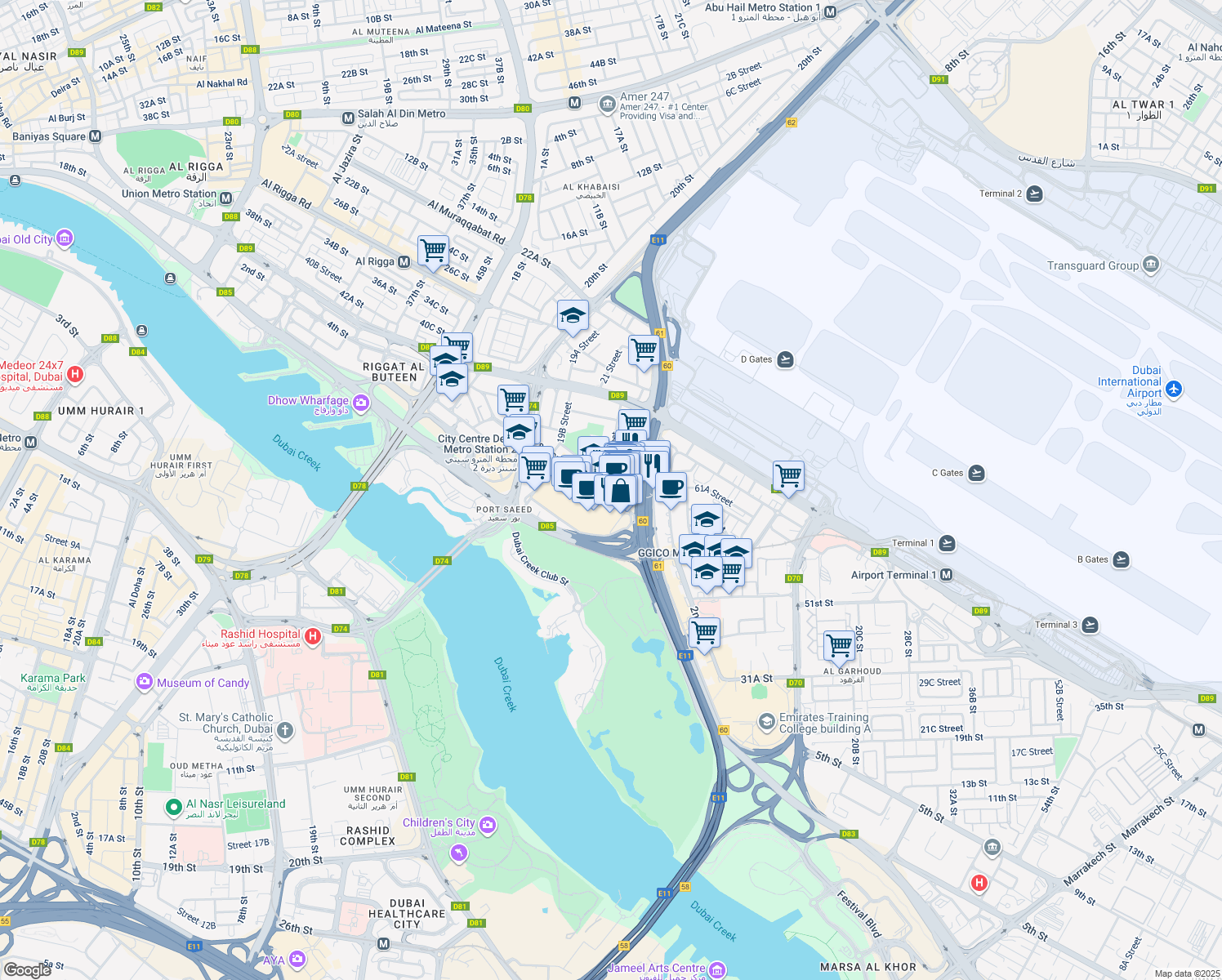 map of restaurants, bars, coffee shops, grocery stores, and more near in دبي