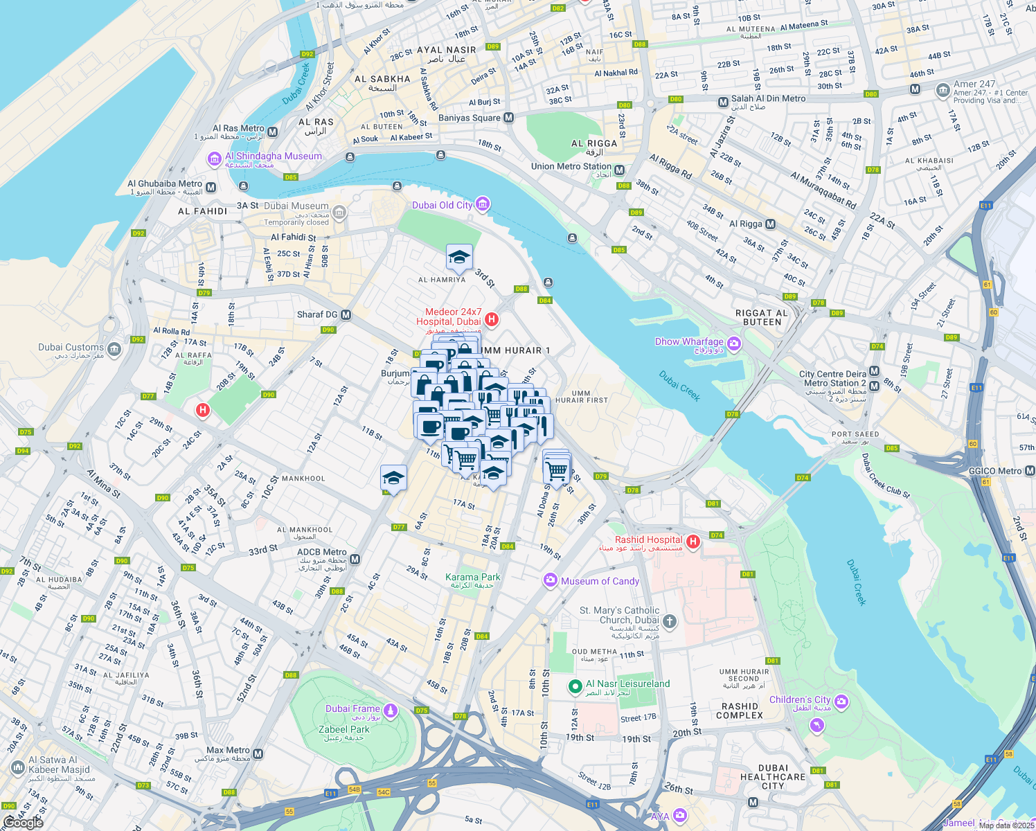 map of restaurants, bars, coffee shops, grocery stores, and more near Zabeel Road in Dubai