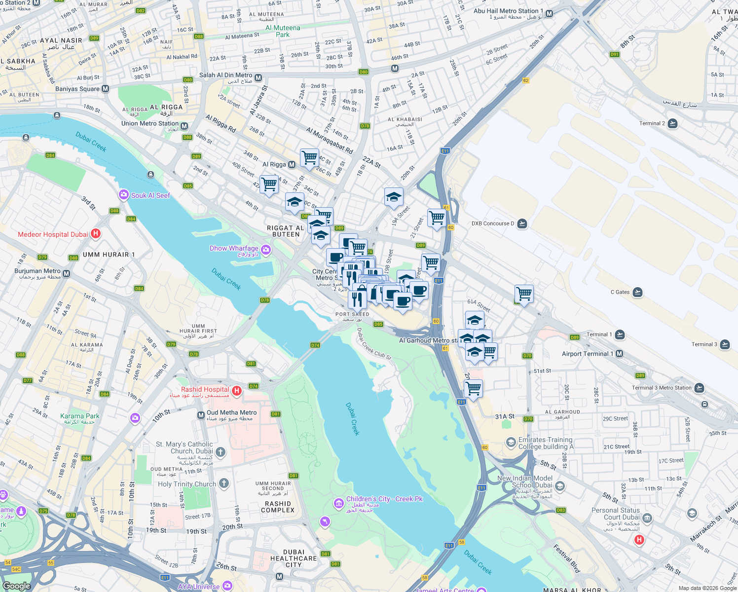 map of restaurants, bars, coffee shops, grocery stores, and more near Al Ittihad Road in Dubai