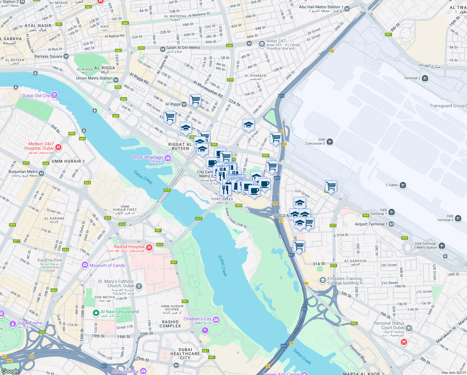 map of restaurants, bars, coffee shops, grocery stores, and more near Al Ittihad Road in Dubai