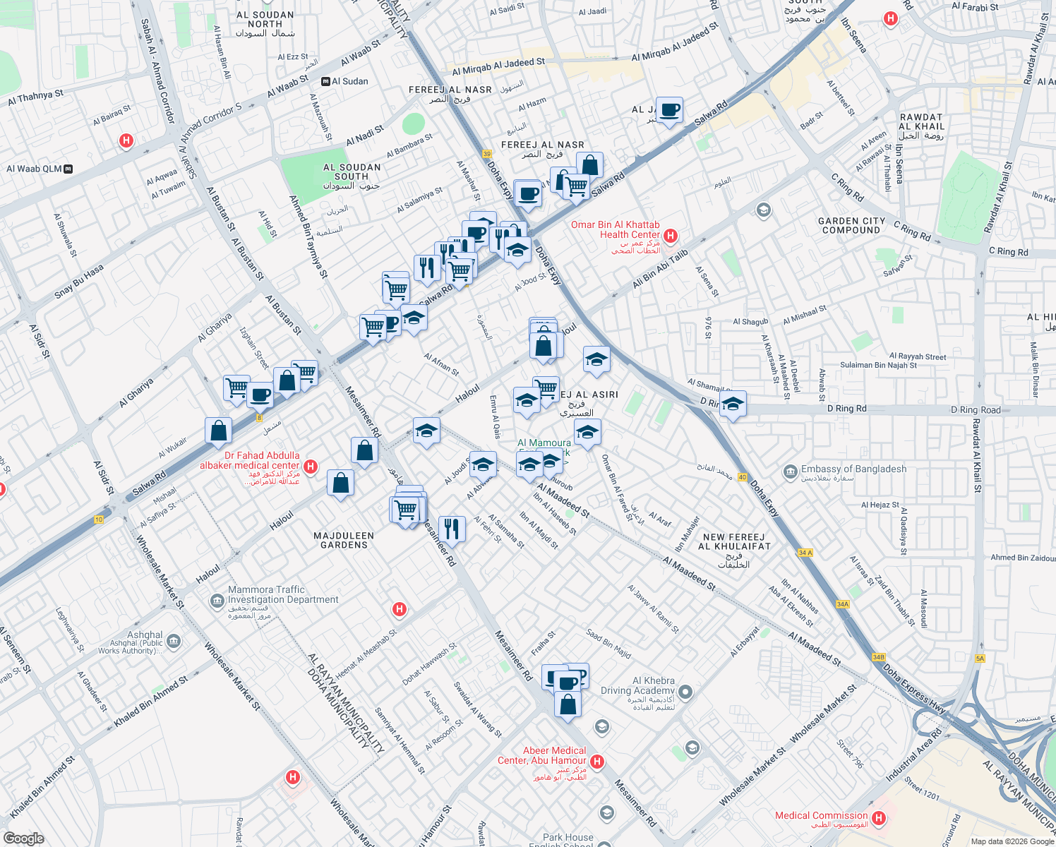 map of restaurants, bars, coffee shops, grocery stores, and more near Haloul in Doha