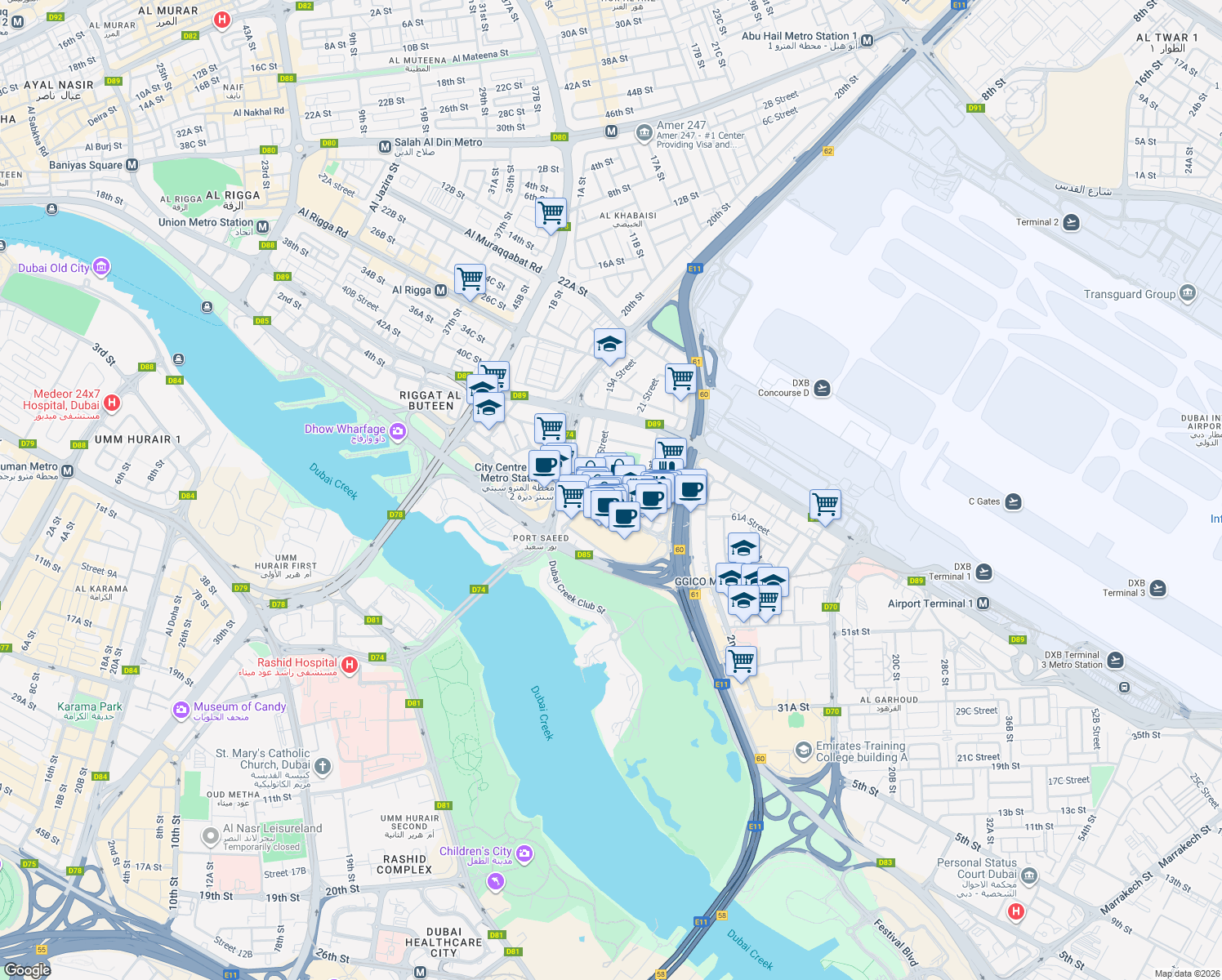 map of restaurants, bars, coffee shops, grocery stores, and more near in دبي