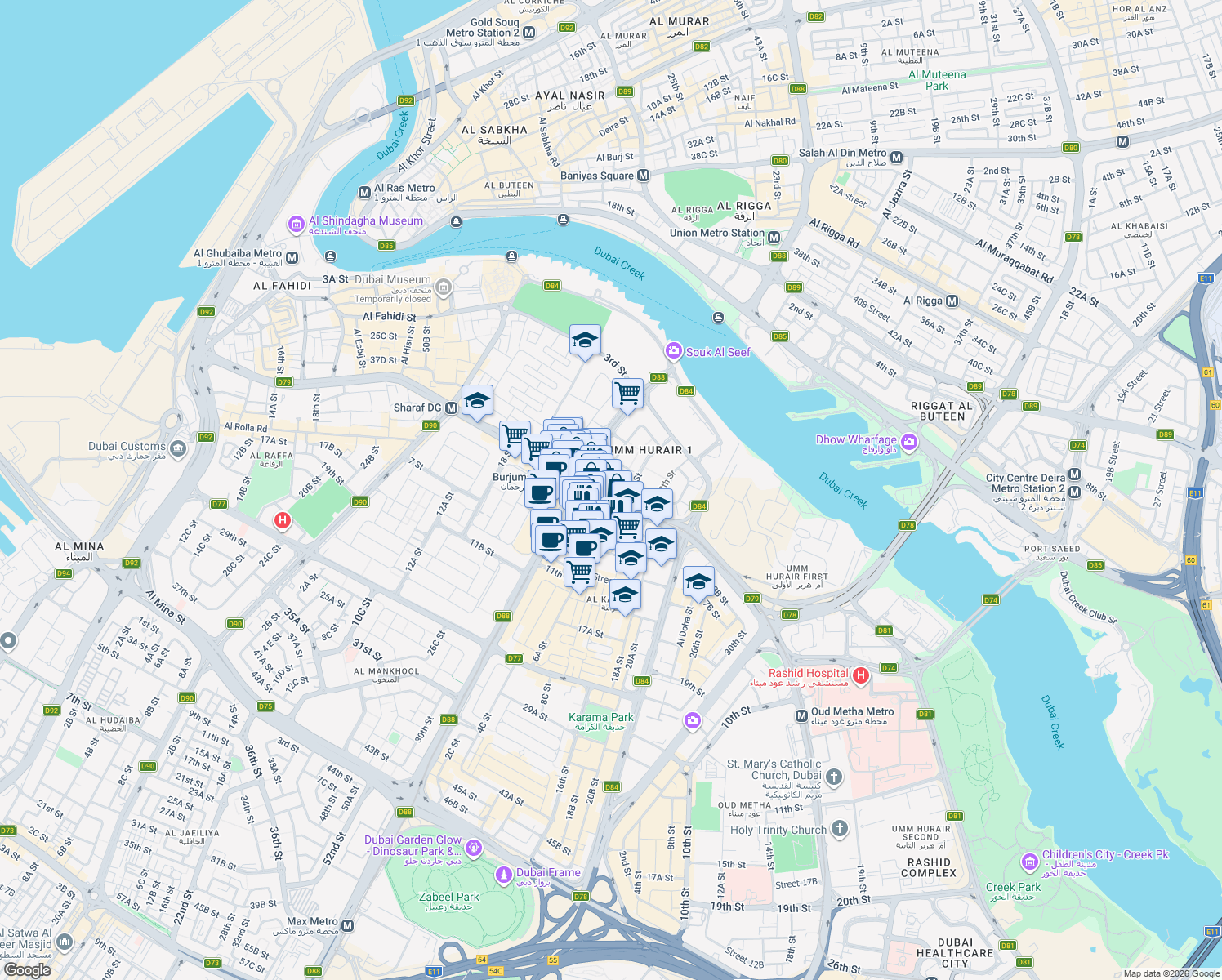 map of restaurants, bars, coffee shops, grocery stores, and more near 155 Khalid Bin Al Waleed Road in Dubai