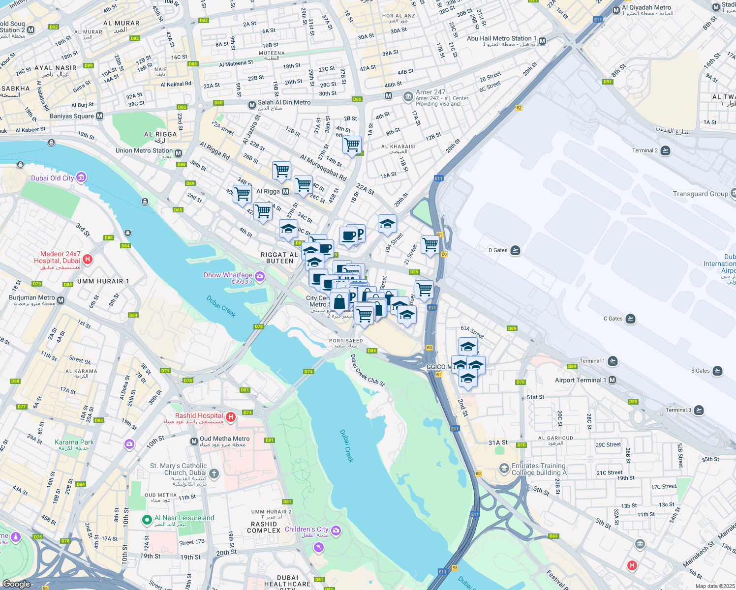 map of restaurants, bars, coffee shops, grocery stores, and more near in Dubai