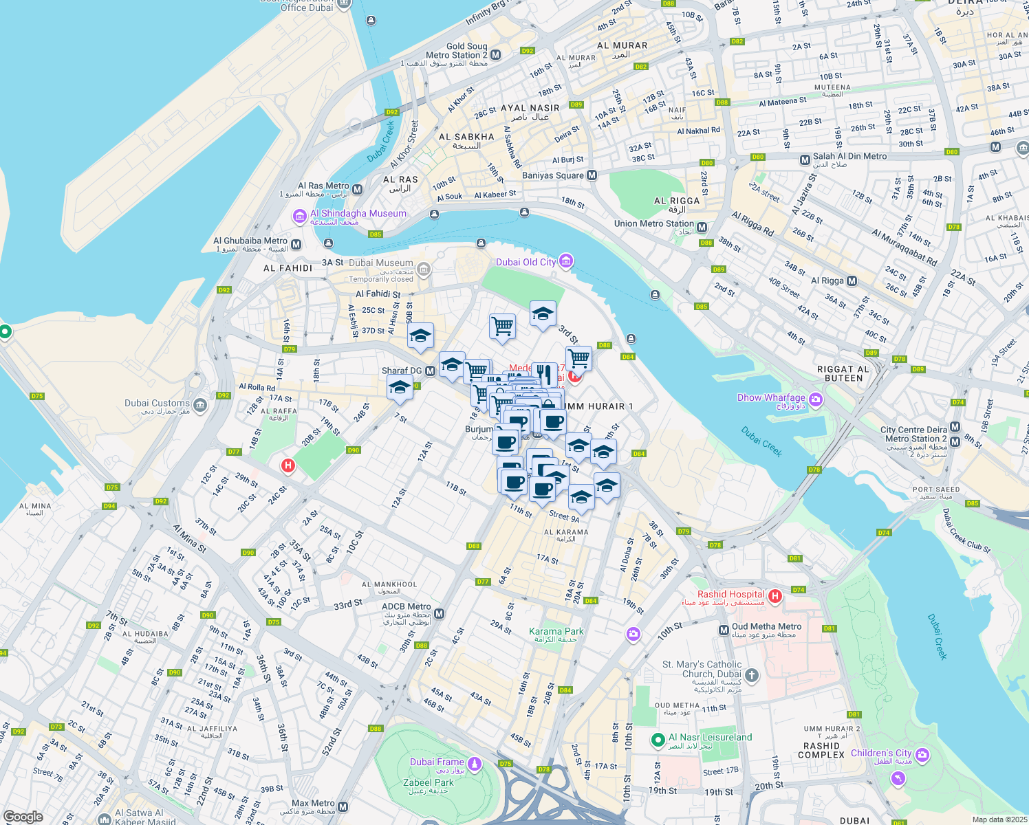 map of restaurants, bars, coffee shops, grocery stores, and more near 133 Khalid Bin Al Waleed Road in Dubai