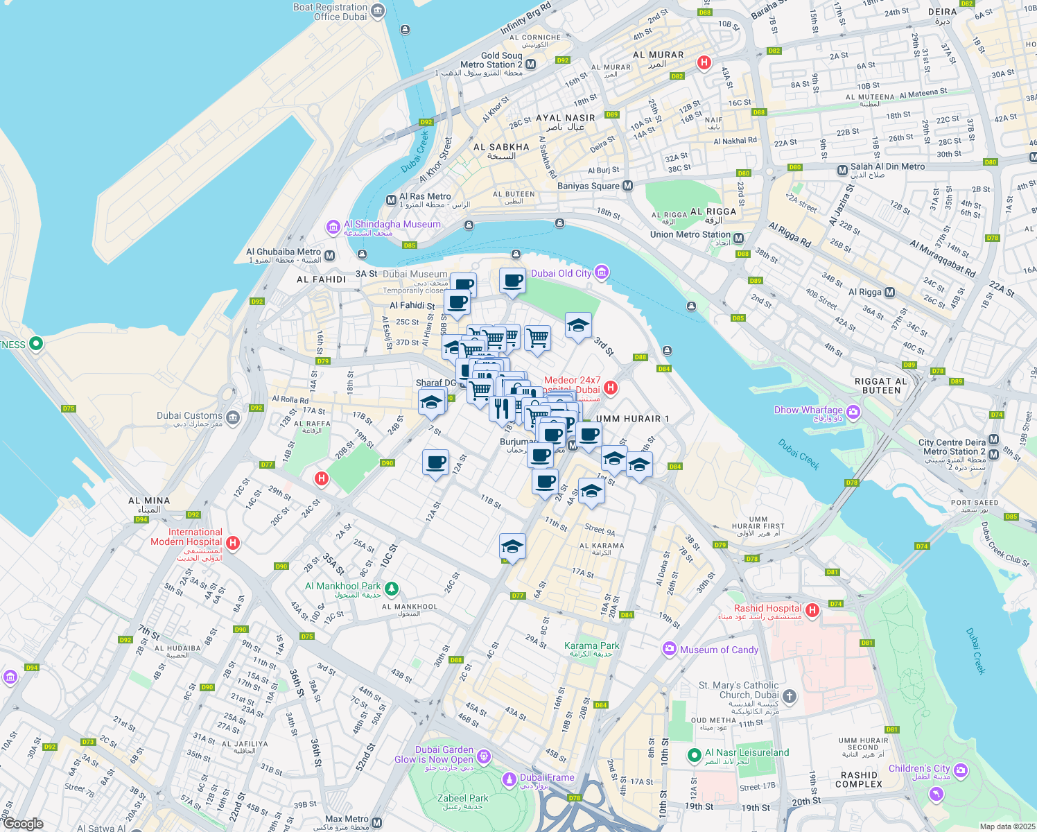 map of restaurants, bars, coffee shops, grocery stores, and more near Khalid Bin Al Waleed Road in Dubai