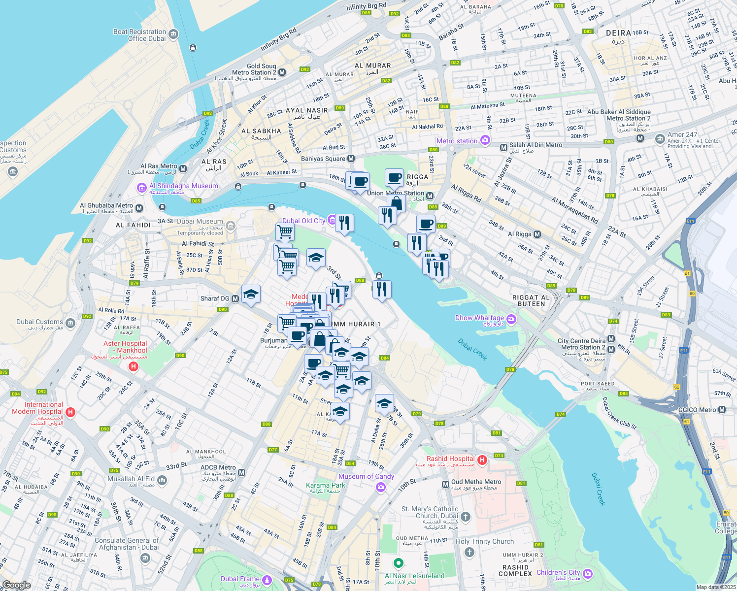 map of restaurants, bars, coffee shops, grocery stores, and more near 8 Al Seef Street in Dubai