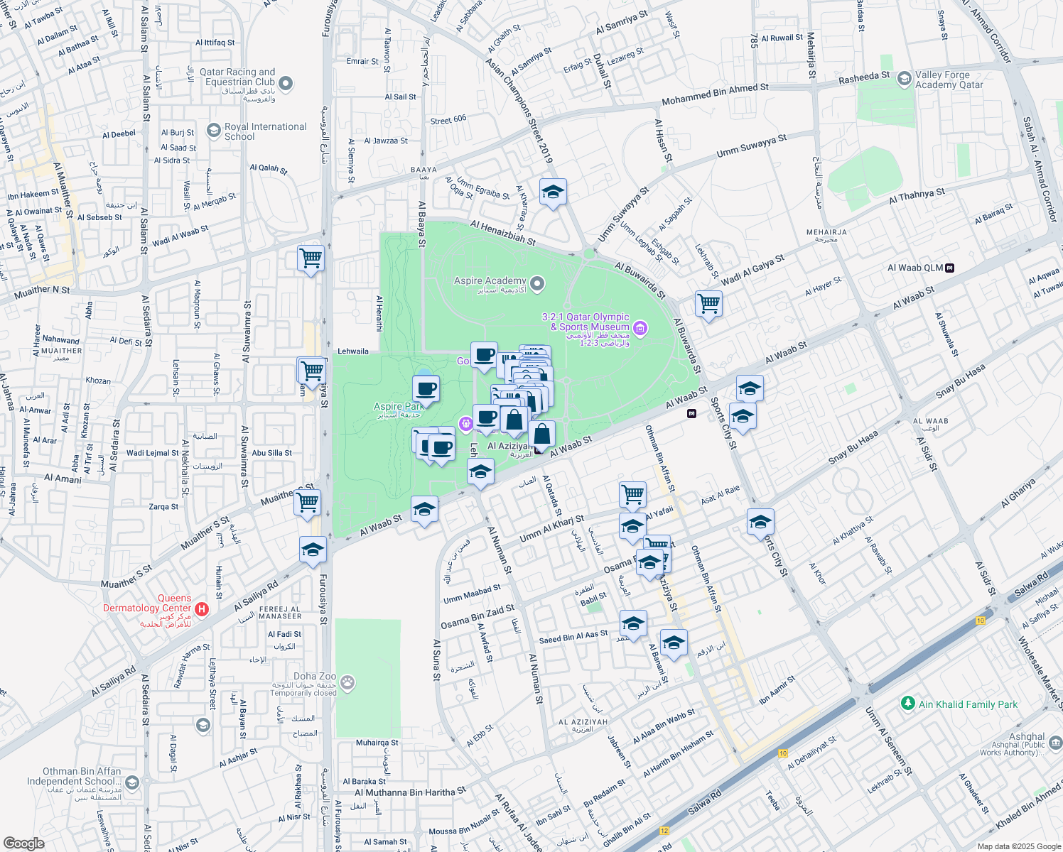 map of restaurants, bars, coffee shops, grocery stores, and more near Al Waab Street in Doha