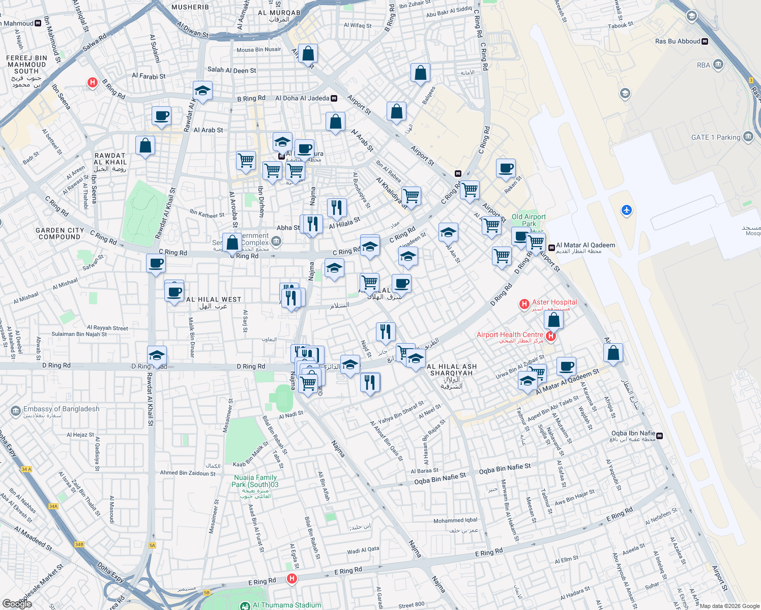 map of restaurants, bars, coffee shops, grocery stores, and more near Hassan Bin Thabit Street in Doha