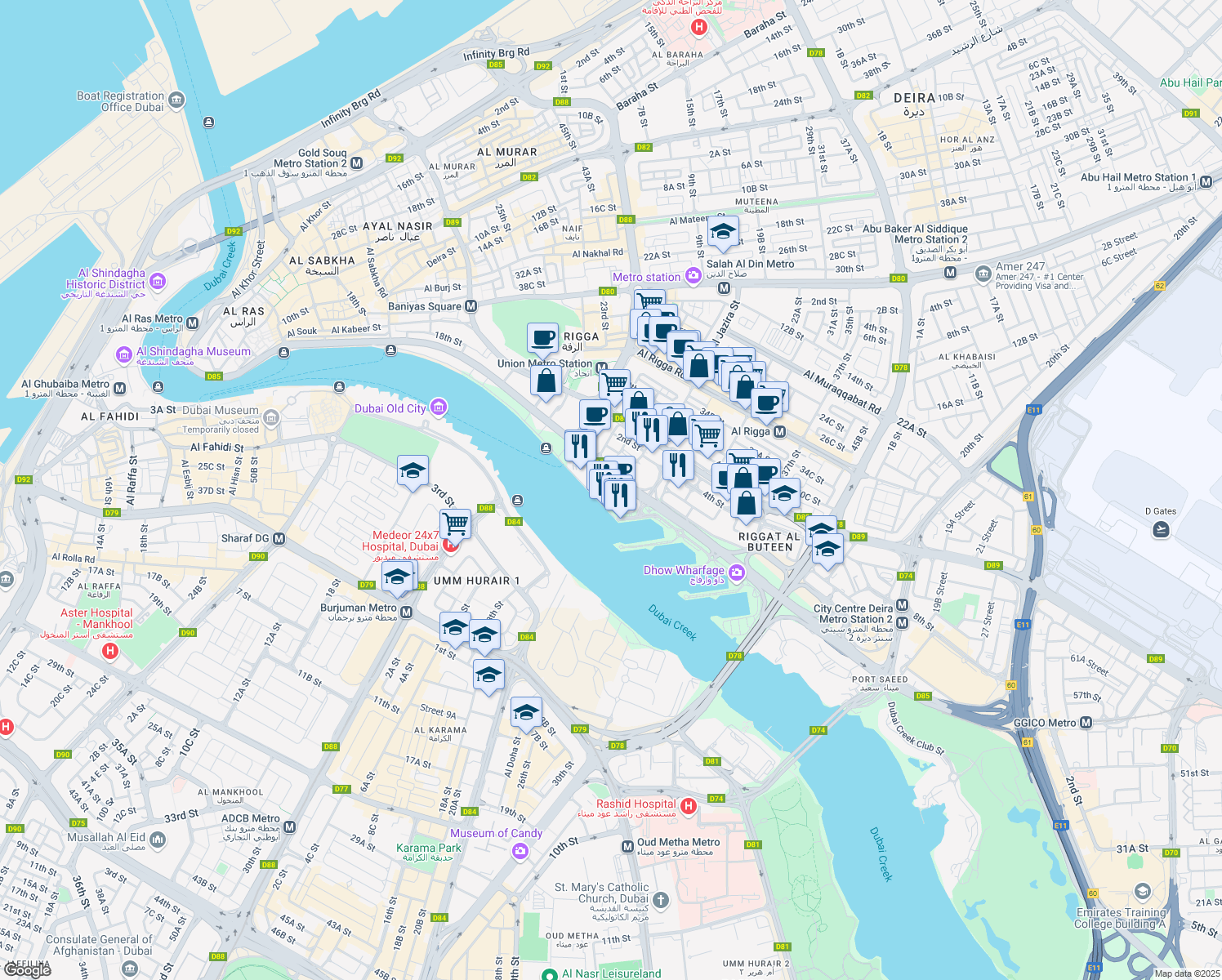 map of restaurants, bars, coffee shops, grocery stores, and more near 10 Baniyas Road in Dubai