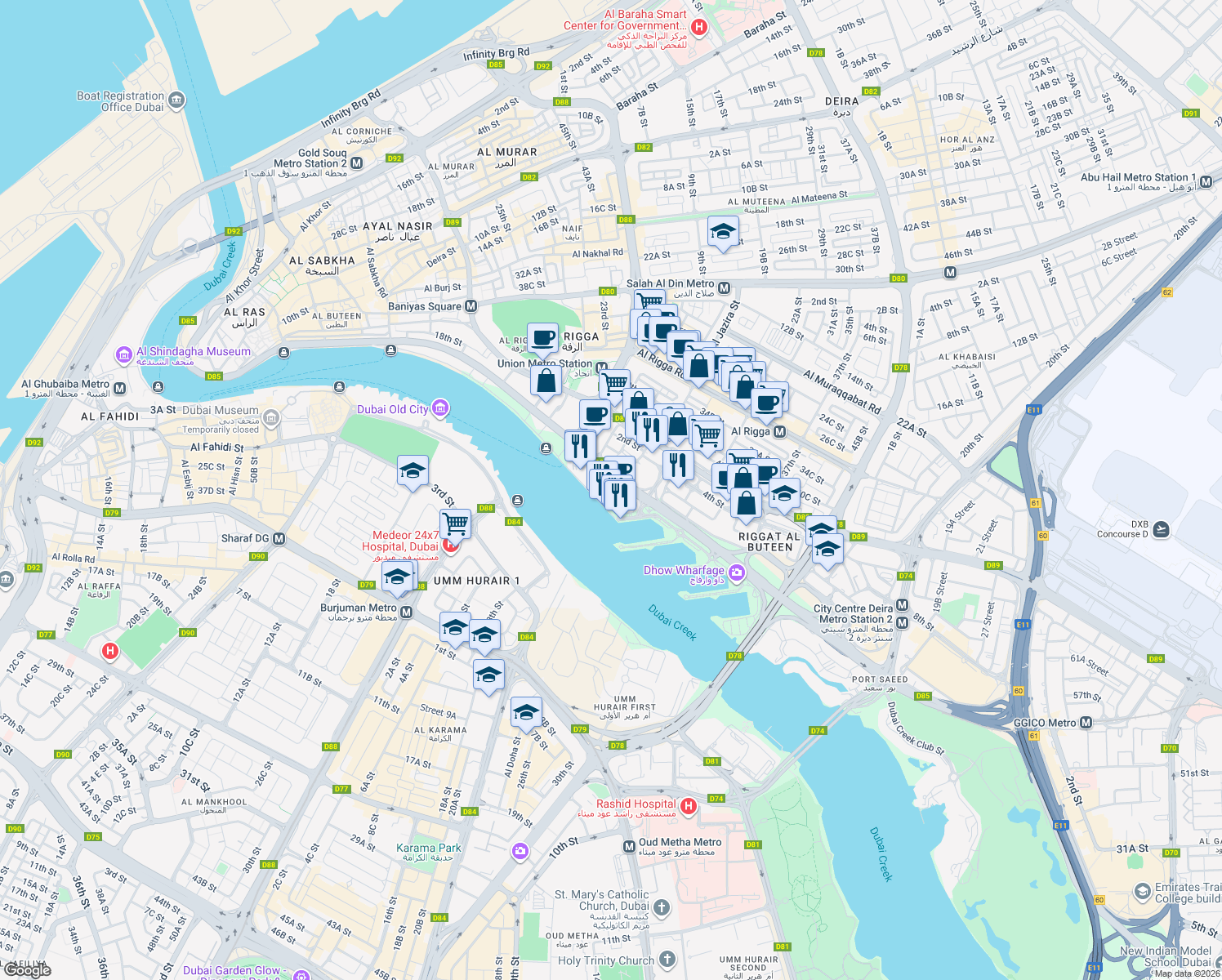 map of restaurants, bars, coffee shops, grocery stores, and more near 10 Baniyas Road in Dubai