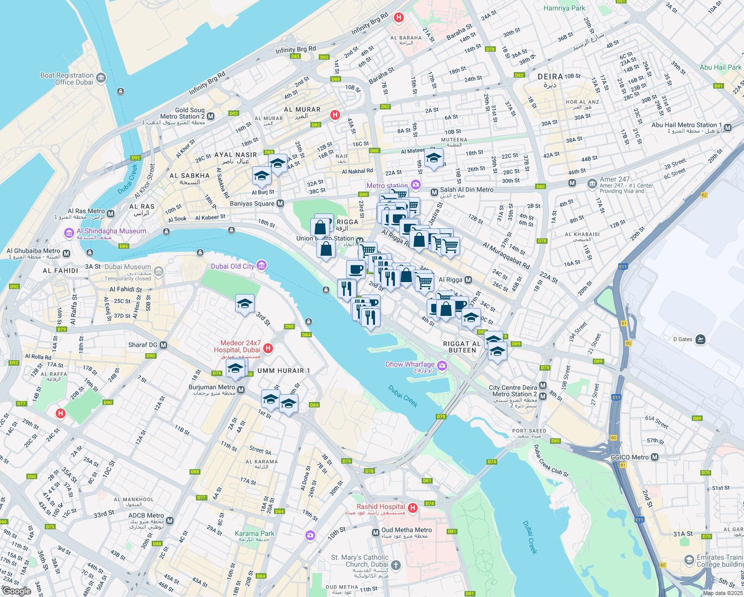 map of restaurants, bars, coffee shops, grocery stores, and more near Baniyas Road in Dubai