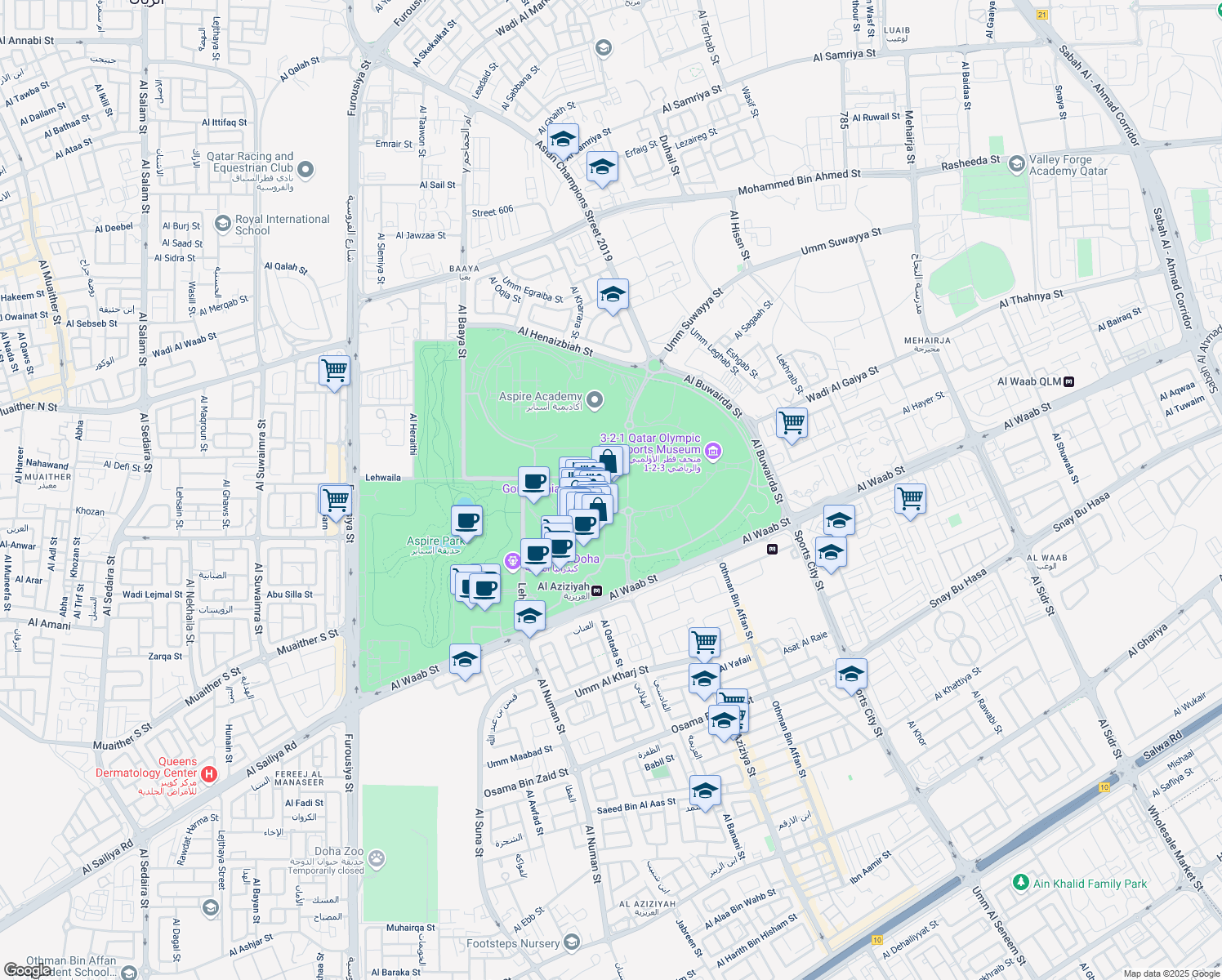 map of restaurants, bars, coffee shops, grocery stores, and more near in Doha