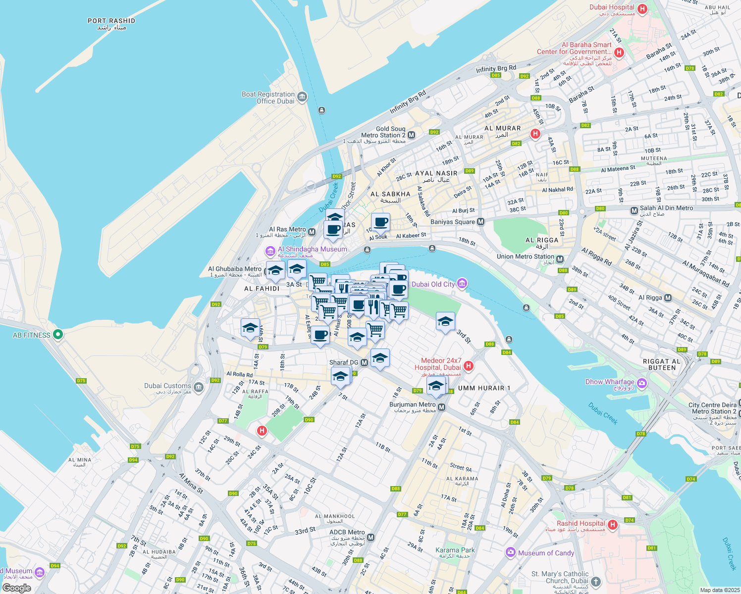 map of restaurants, bars, coffee shops, grocery stores, and more near 1 62a Street in Dubai
