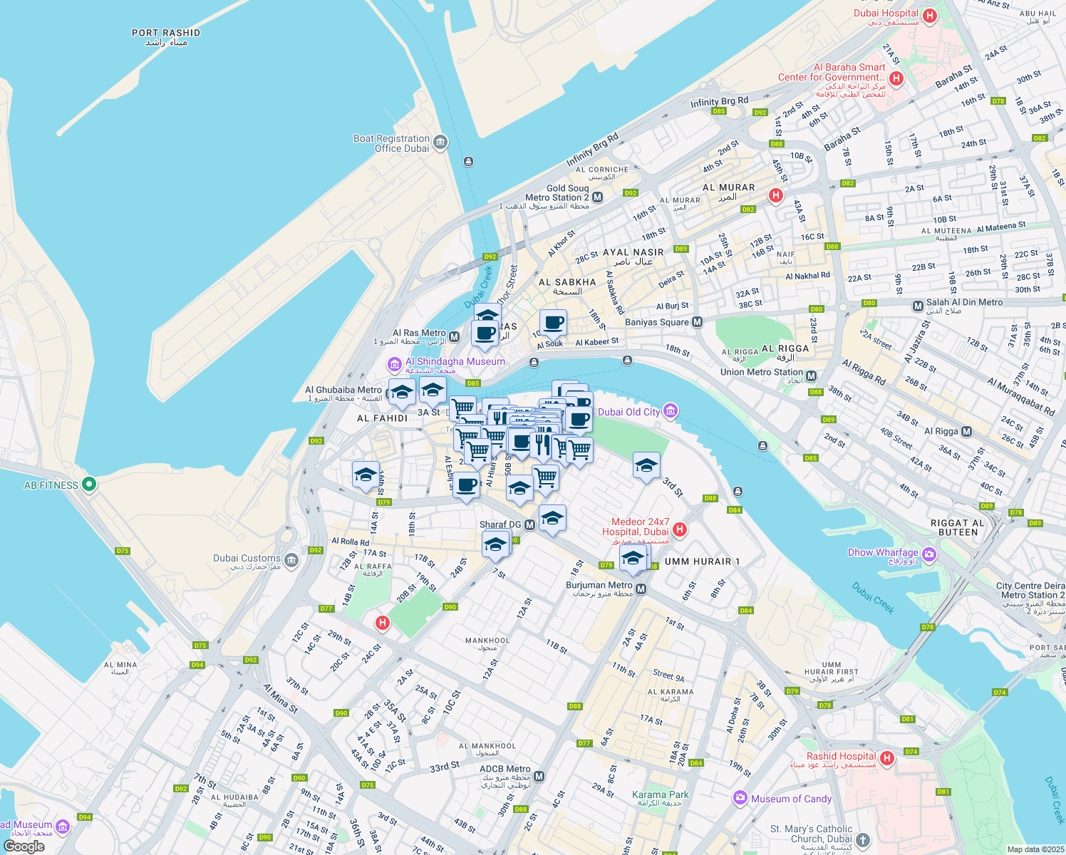 map of restaurants, bars, coffee shops, grocery stores, and more near 1 62a Street in Dubai