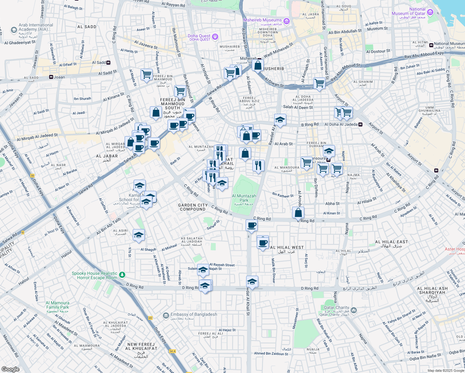 map of restaurants, bars, coffee shops, grocery stores, and more near Abu Al Qasim Al Shabi St in Doha
