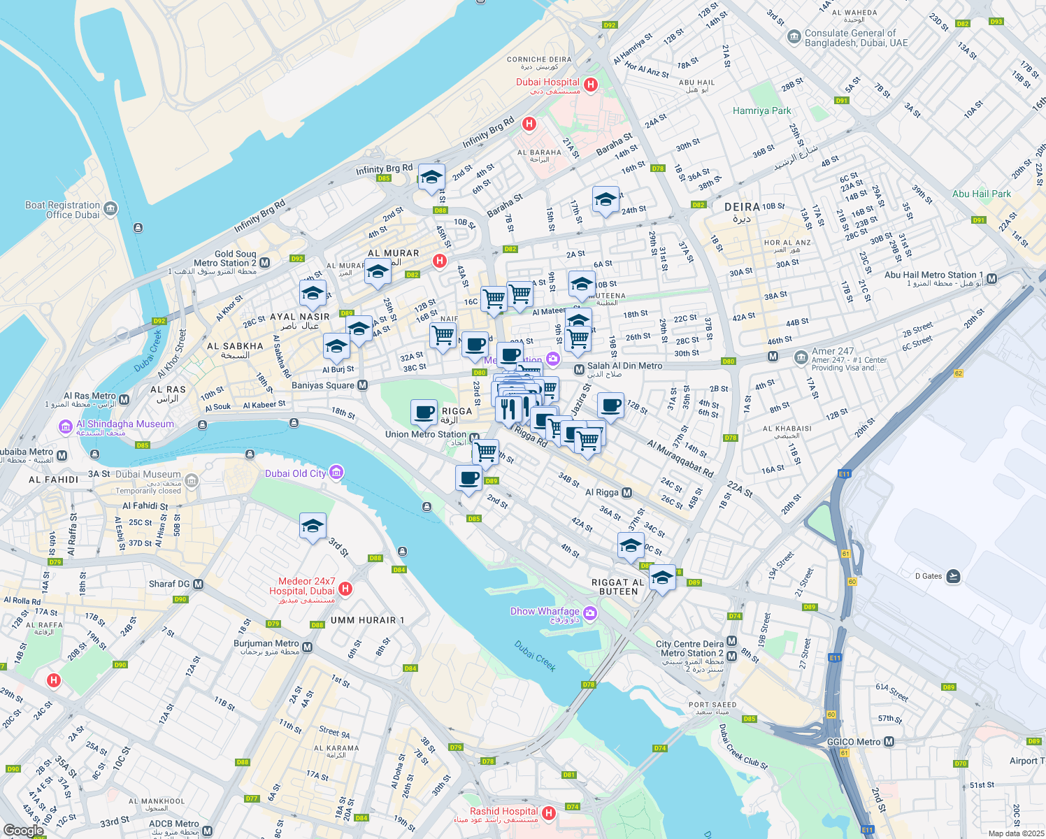 map of restaurants, bars, coffee shops, grocery stores, and more near Al Rigga Road in Dubai