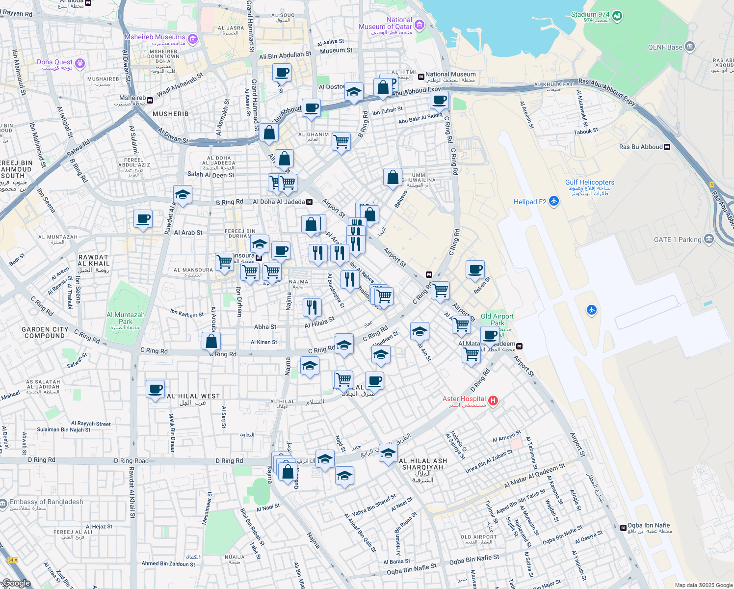 map of restaurants, bars, coffee shops, grocery stores, and more near Al Khalidiya Street in Doha