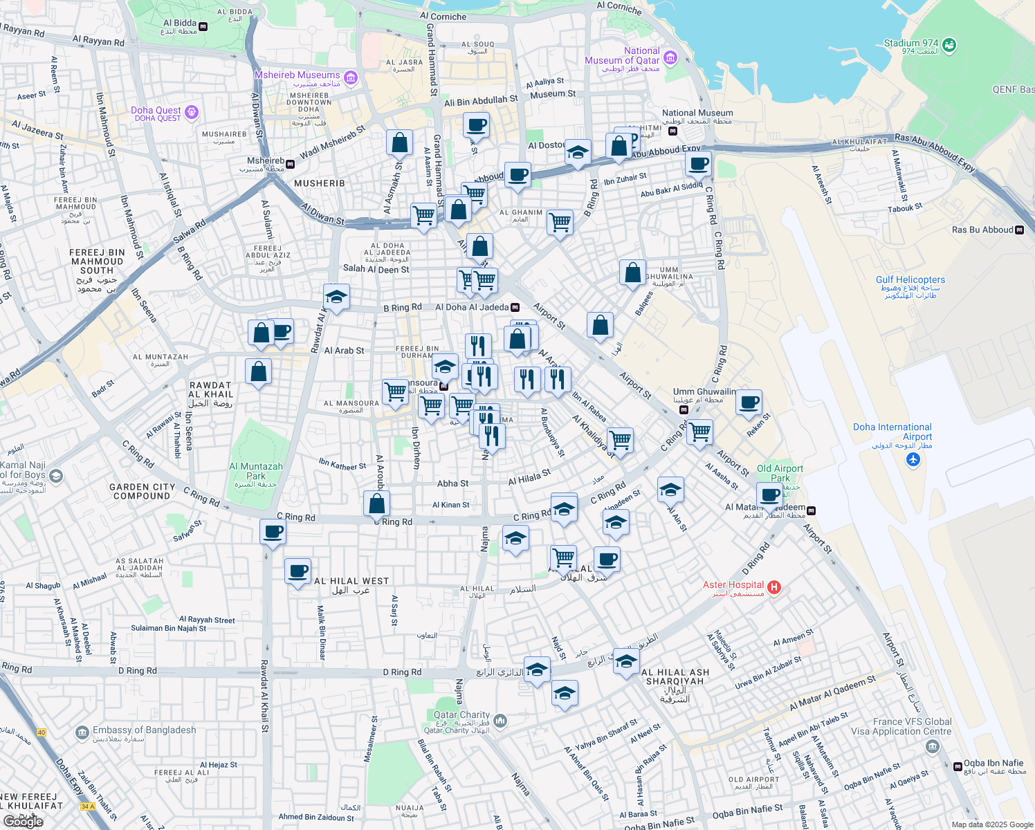 map of restaurants, bars, coffee shops, grocery stores, and more near Al Thurayya Street in Doha