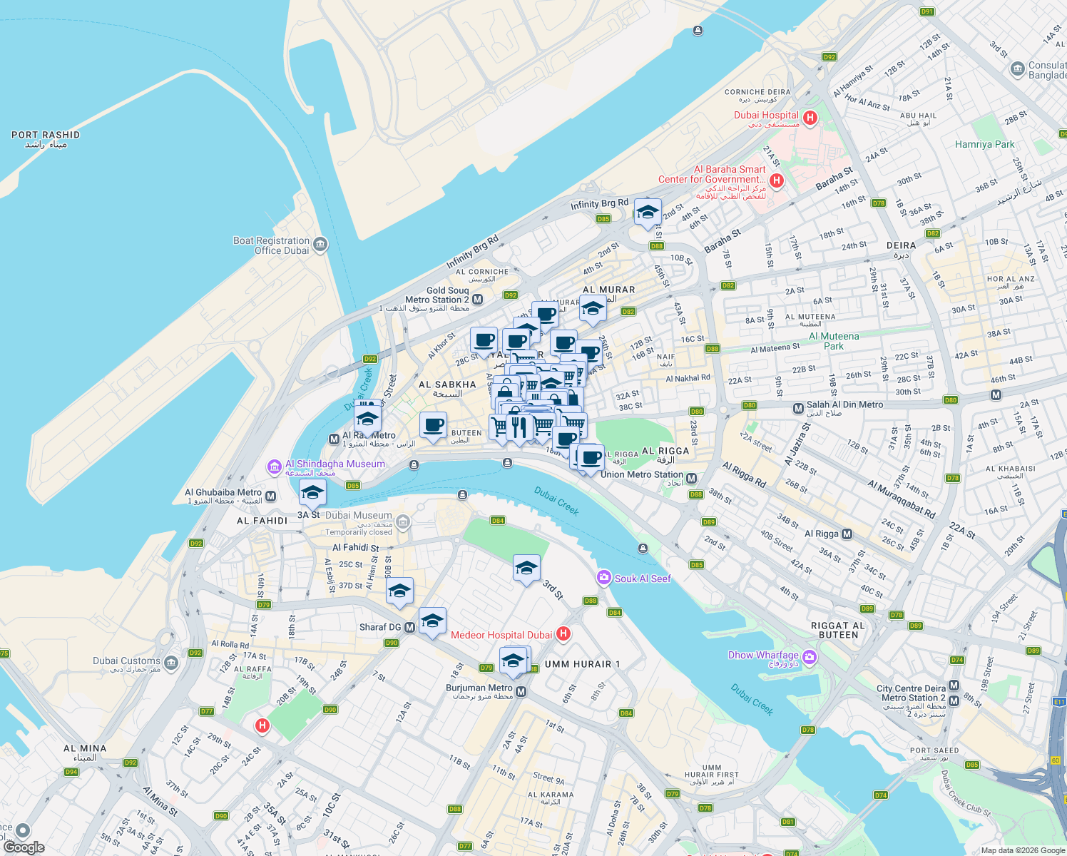 map of restaurants, bars, coffee shops, grocery stores, and more near 19 Al Maktoum Hospital Road in Dubai