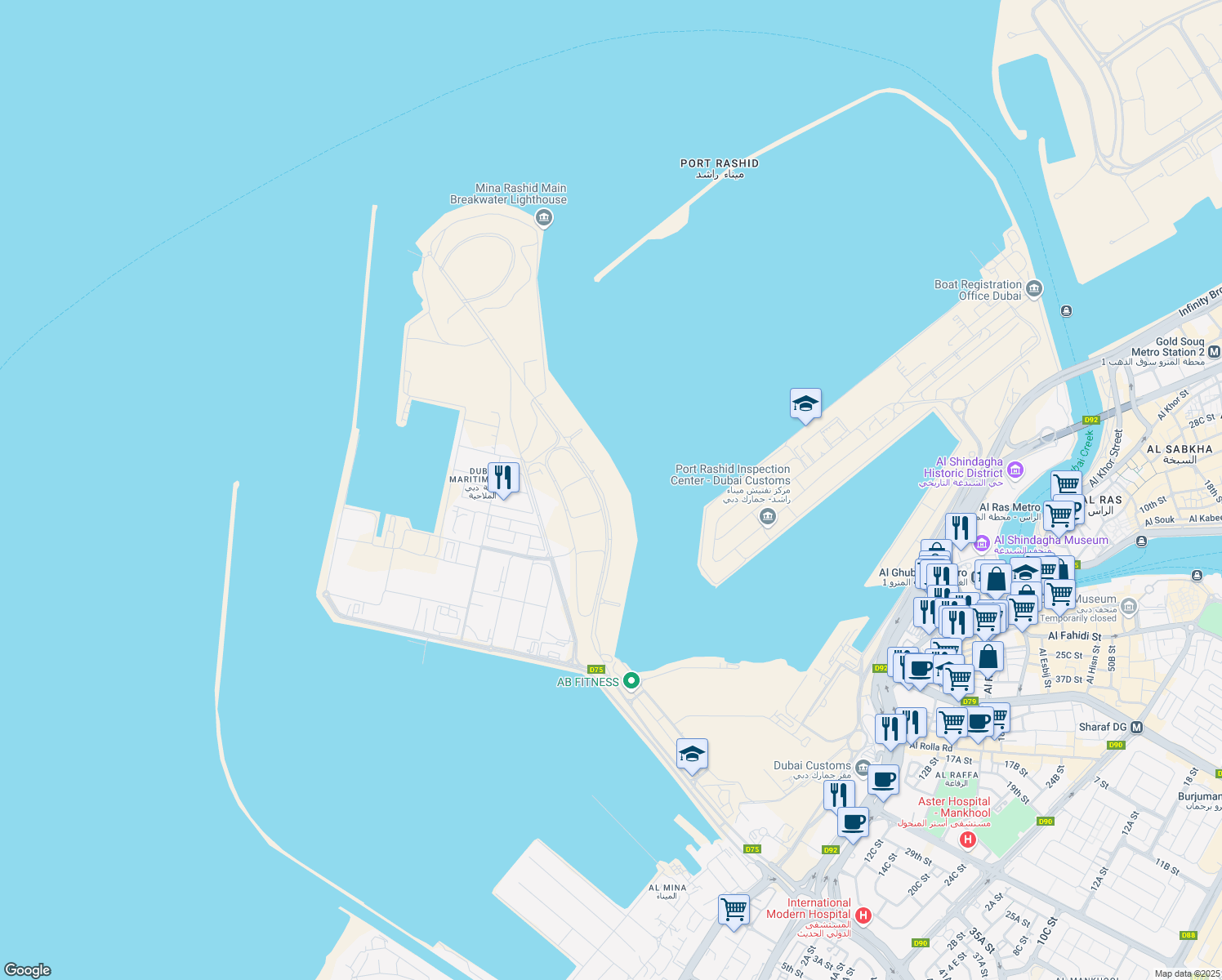 map of restaurants, bars, coffee shops, grocery stores, and more near Al Mina Road in Dubai
