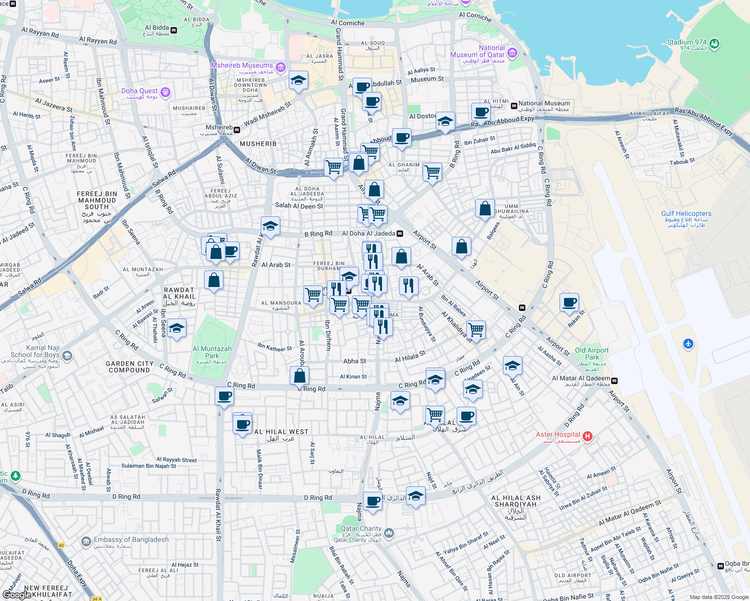 map of restaurants, bars, coffee shops, grocery stores, and more near Najma Street in Doha