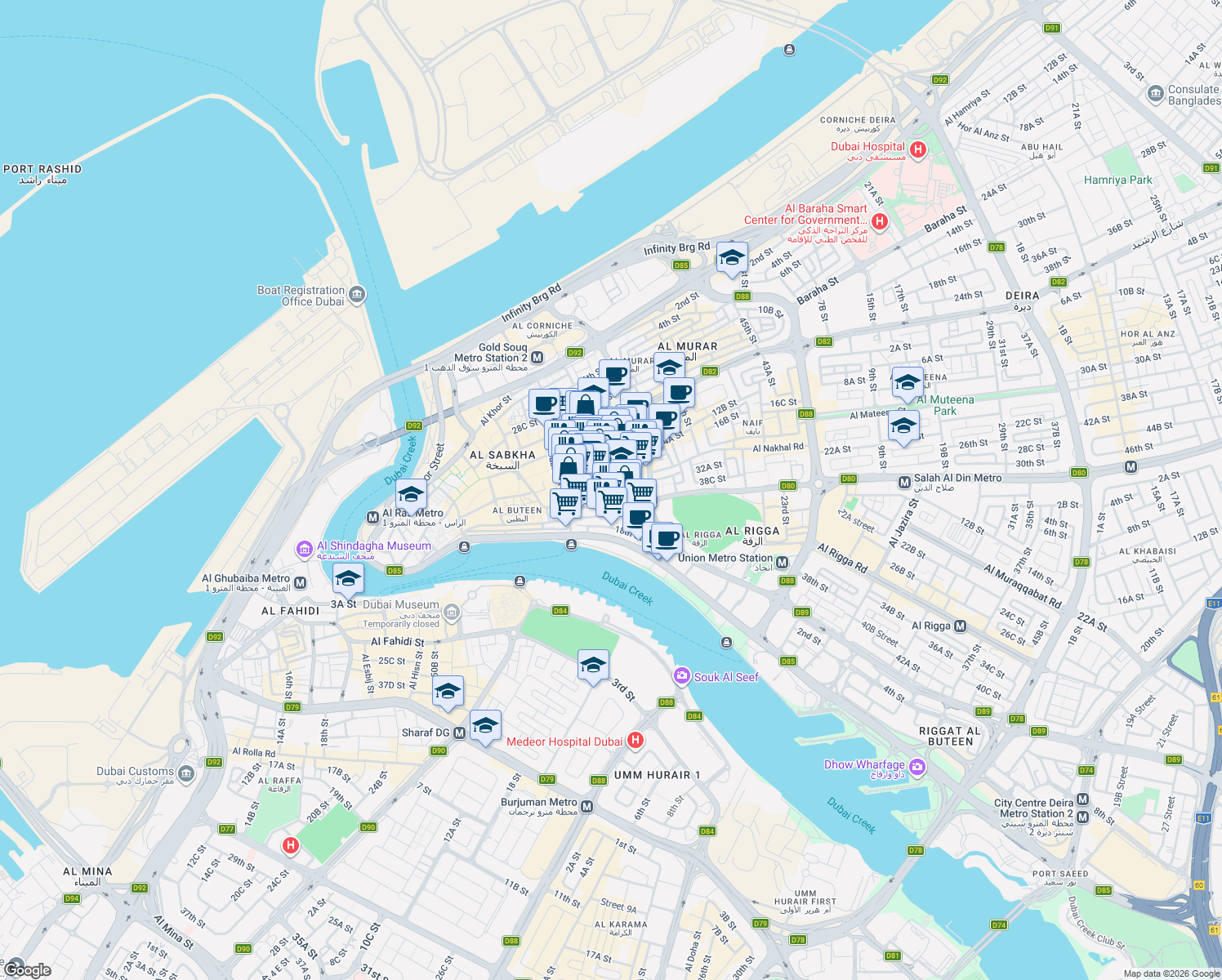 map of restaurants, bars, coffee shops, grocery stores, and more near Baniyas Road in Dubai