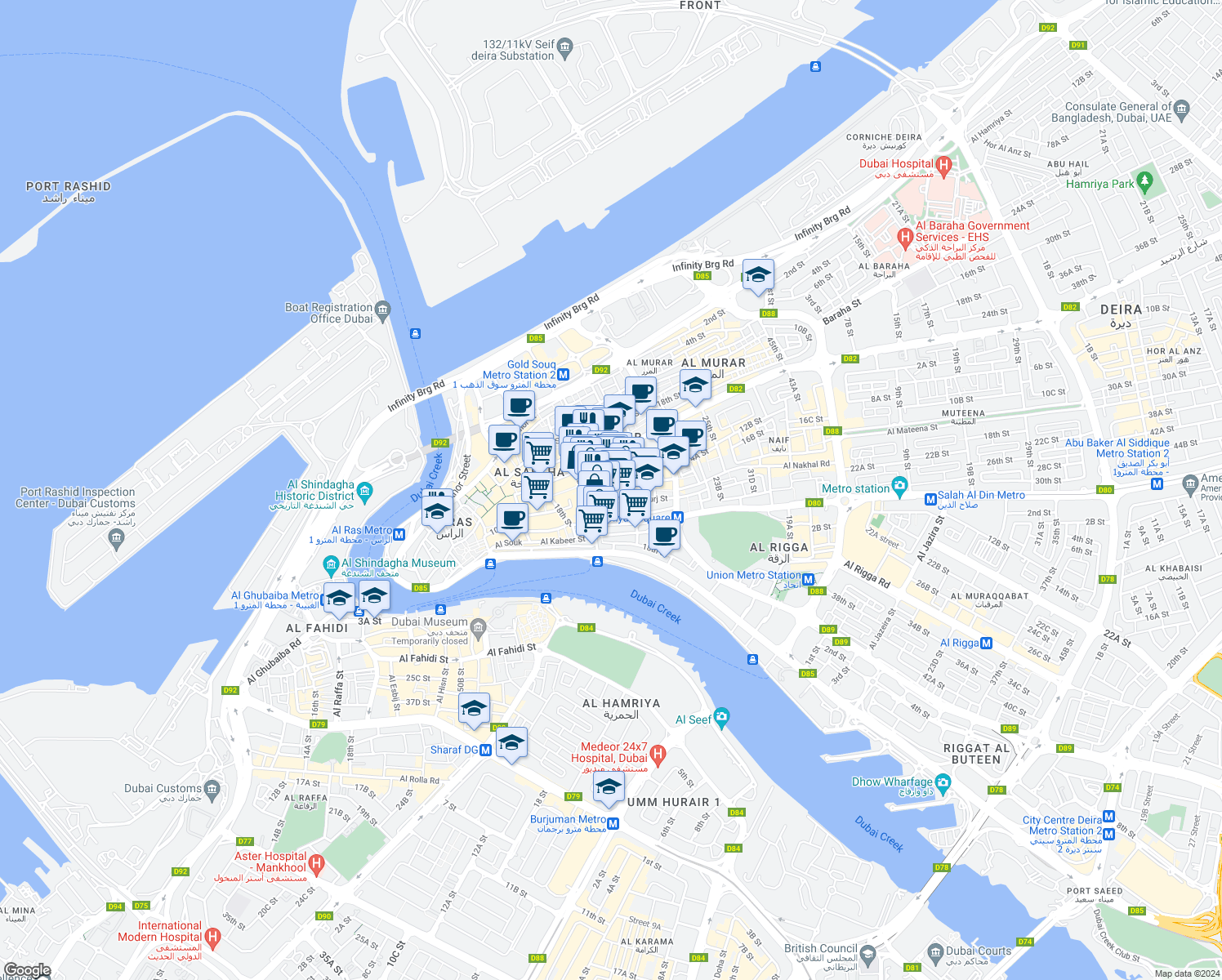 map of restaurants, bars, coffee shops, grocery stores, and more near 6 A Street in Dubai