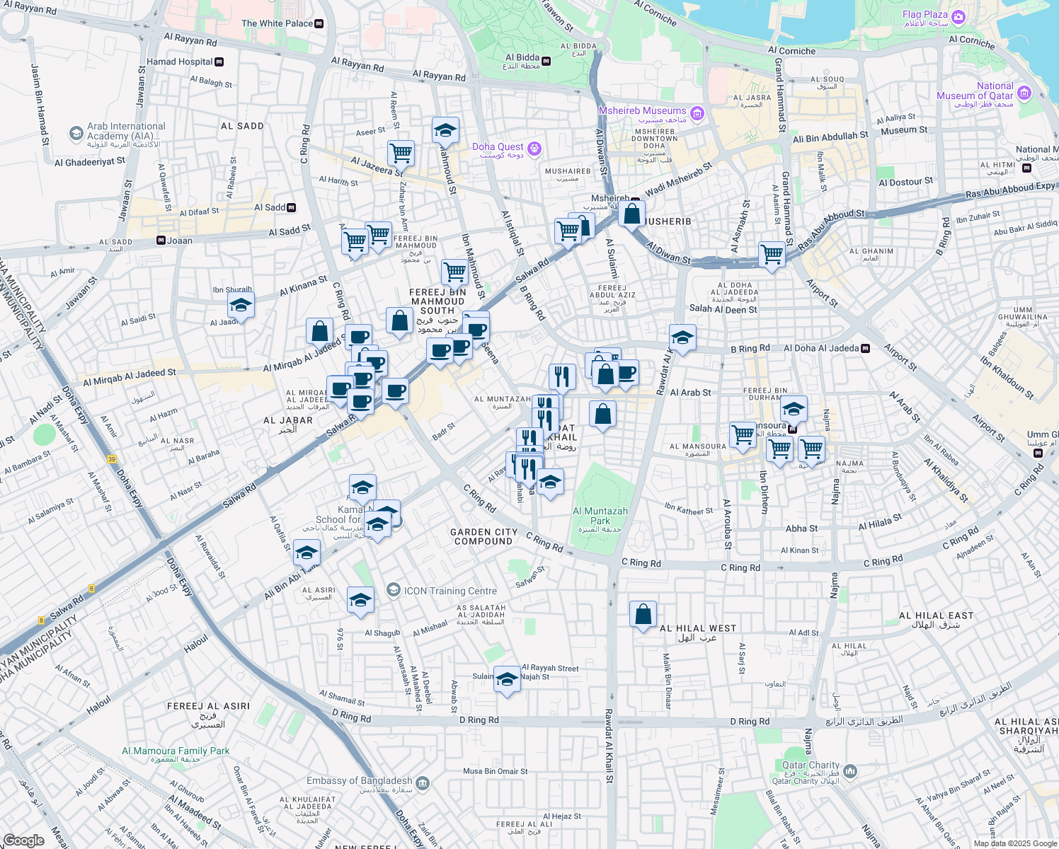 map of restaurants, bars, coffee shops, grocery stores, and more near Ibn Seena Street in Doha