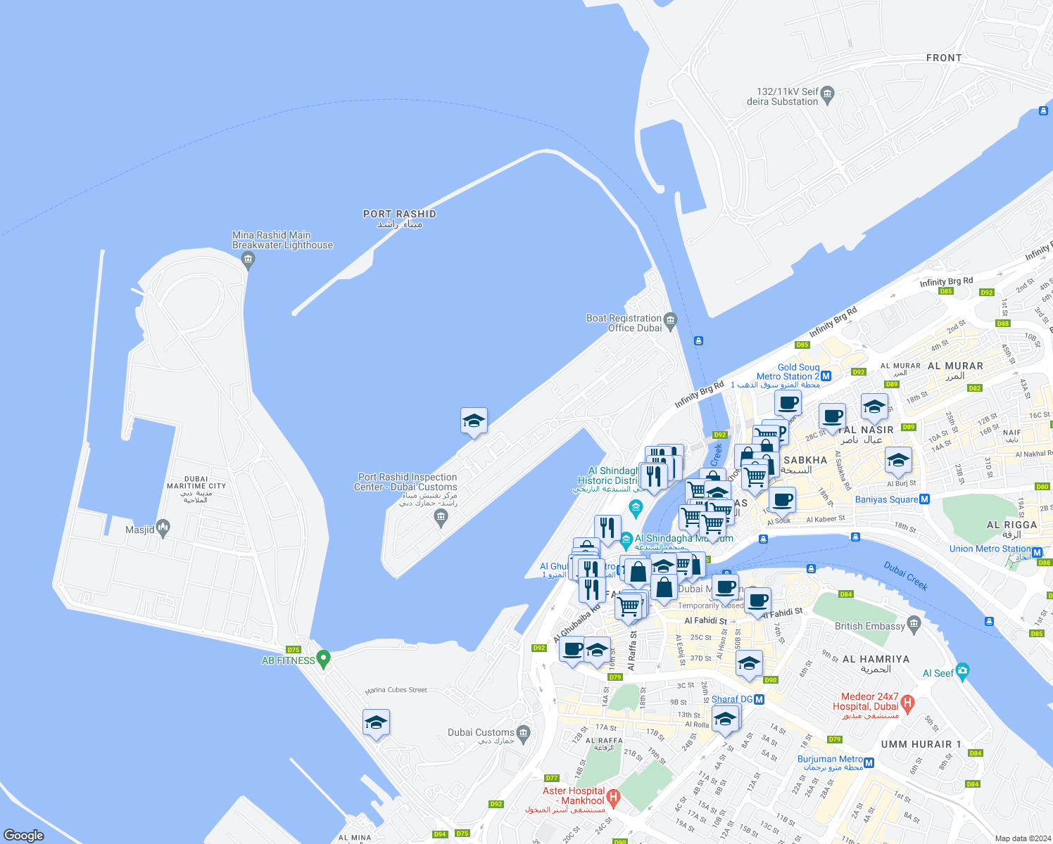 map of restaurants, bars, coffee shops, grocery stores, and more near in Dubai