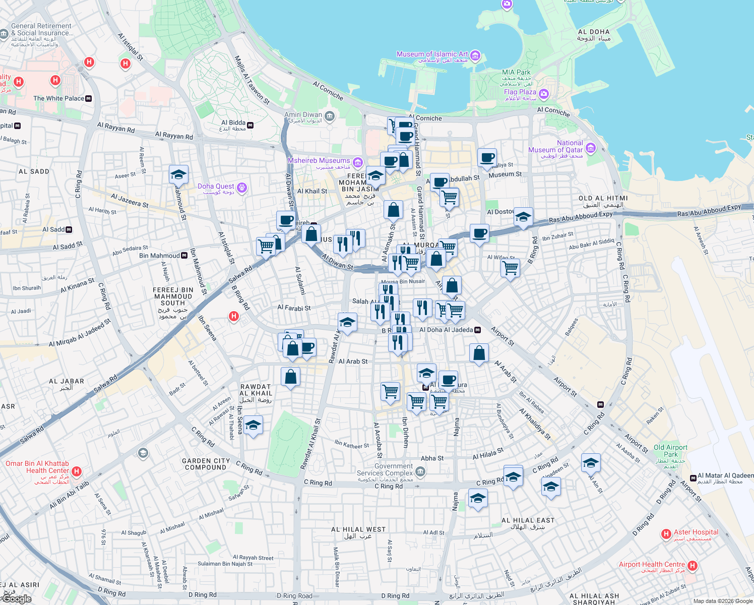 map of restaurants, bars, coffee shops, grocery stores, and more near Al Doha Al Jadeeda Street in Doha