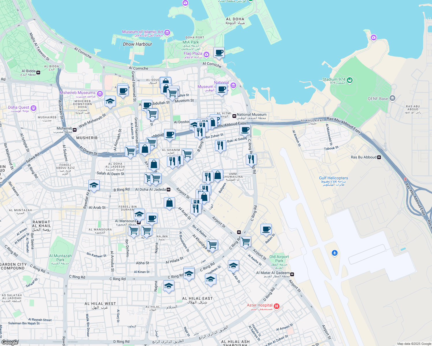 map of restaurants, bars, coffee shops, grocery stores, and more near Simaisma Street in Doha