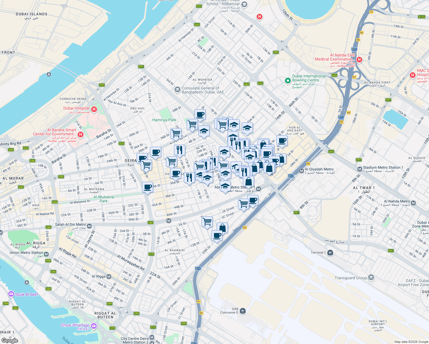 map of restaurants, bars, coffee shops, grocery stores, and more near 30 B Street in Dubai