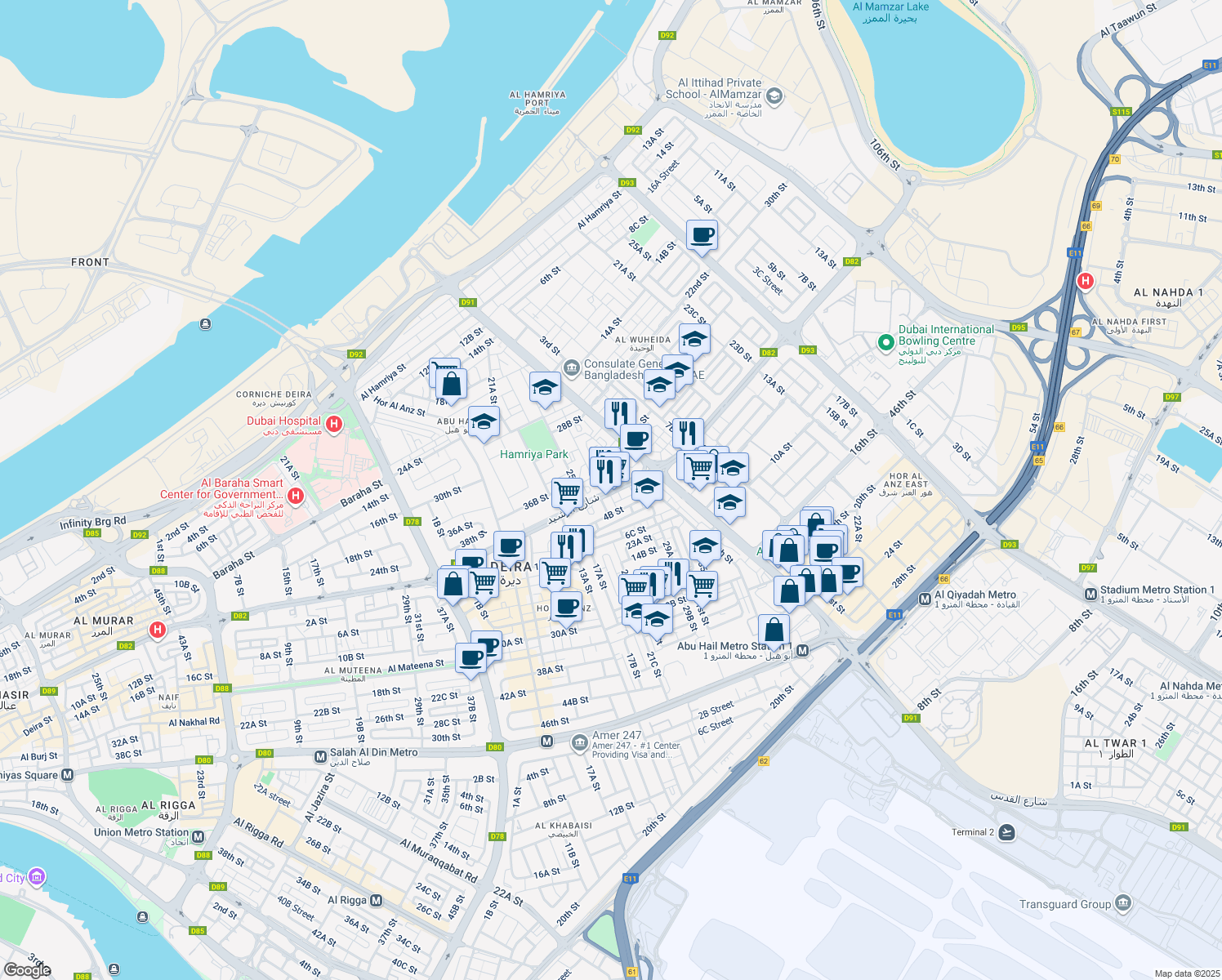 map of restaurants, bars, coffee shops, grocery stores, and more near Al Rasheed Road in Dubai