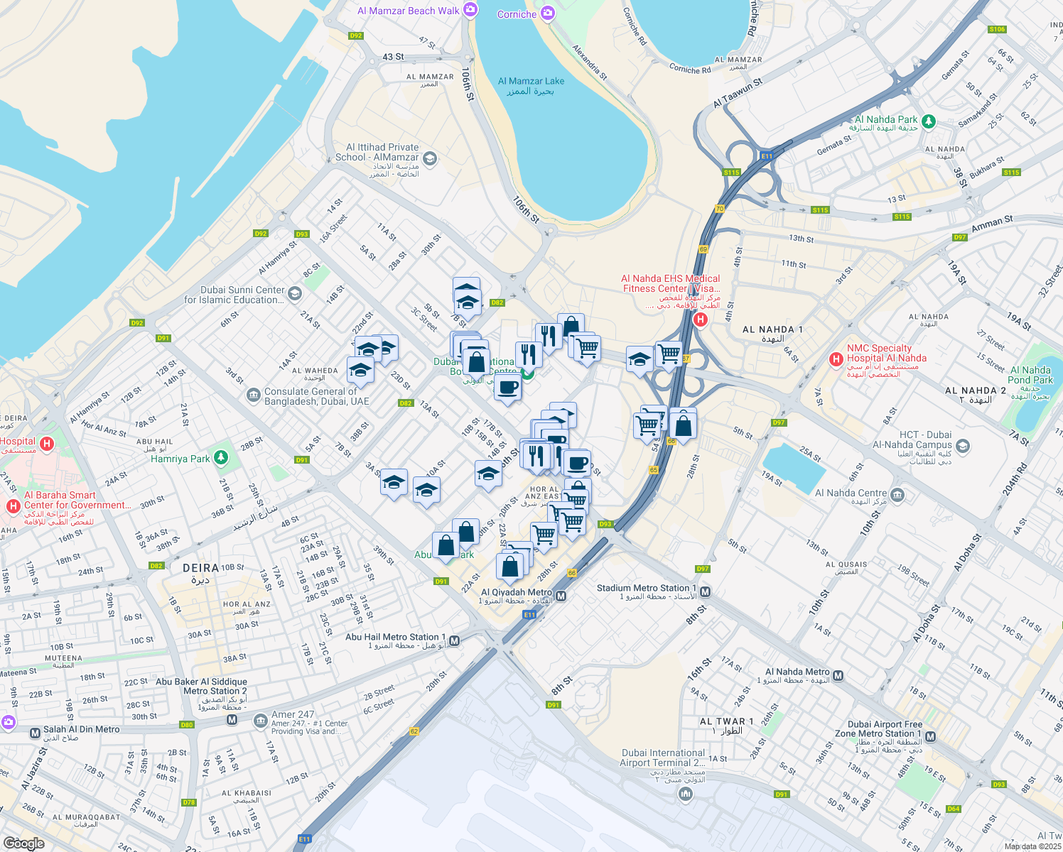 map of restaurants, bars, coffee shops, grocery stores, and more near Al Wuheida Street in Dubai