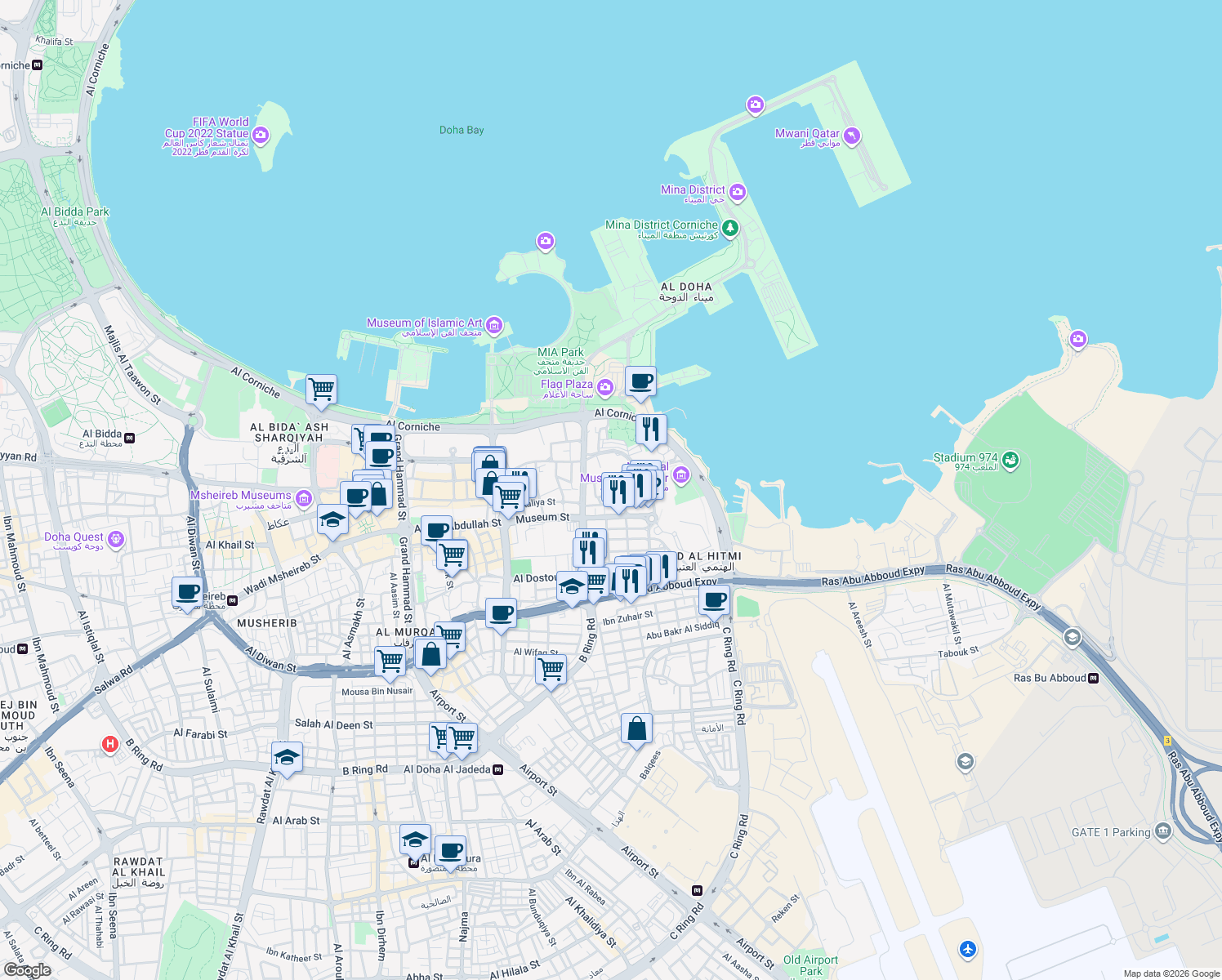 map of restaurants, bars, coffee shops, grocery stores, and more near Al Aaliya Street in Doha
