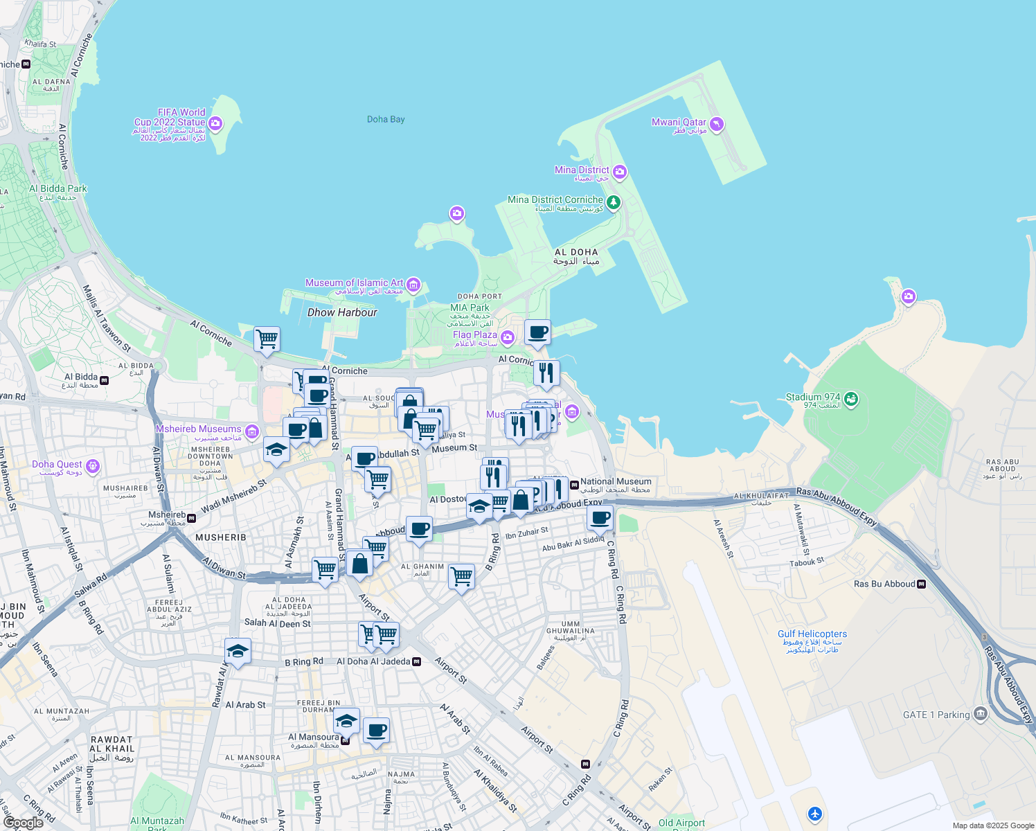 map of restaurants, bars, coffee shops, grocery stores, and more near Al Aaliya Street in Doha