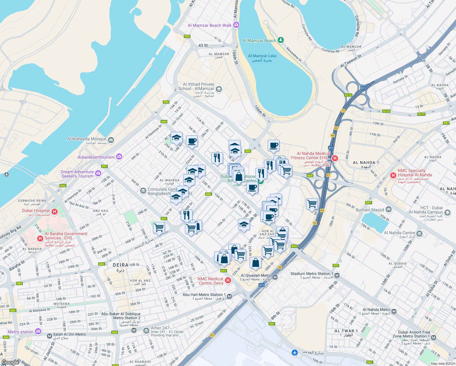 map of restaurants, bars, coffee shops, grocery stores, and more near Al Wuheida Street in Dubai