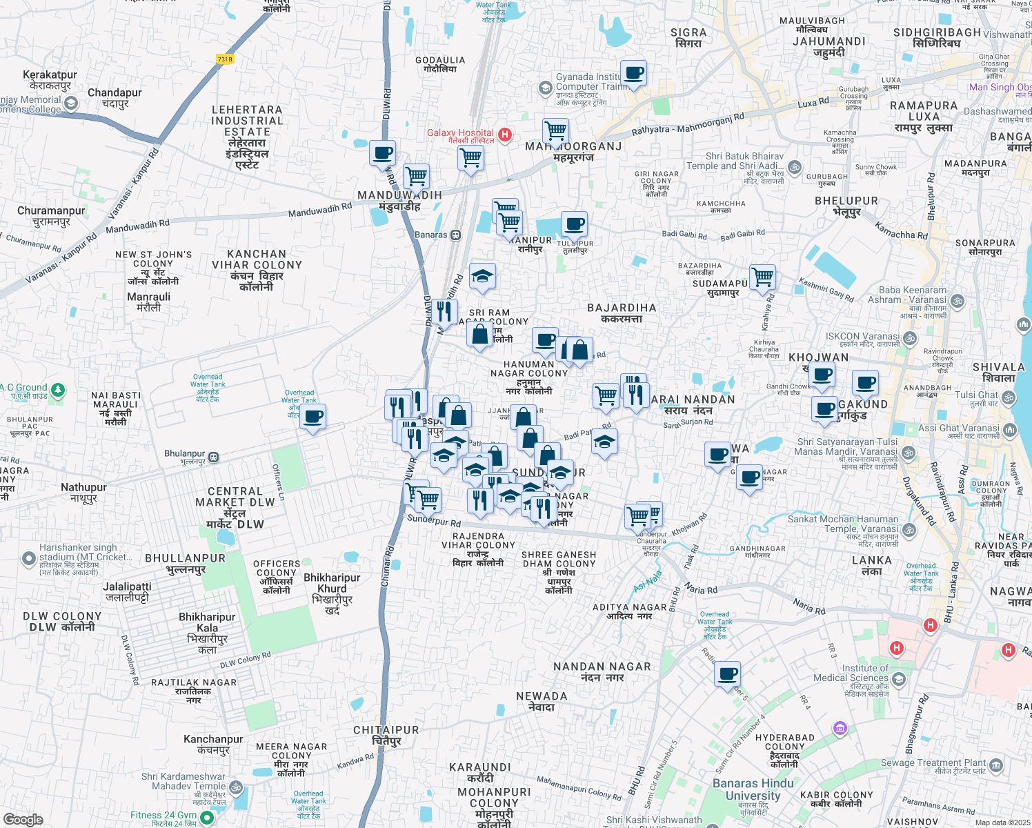 map of restaurants, bars, coffee shops, grocery stores, and more near in Varanasi