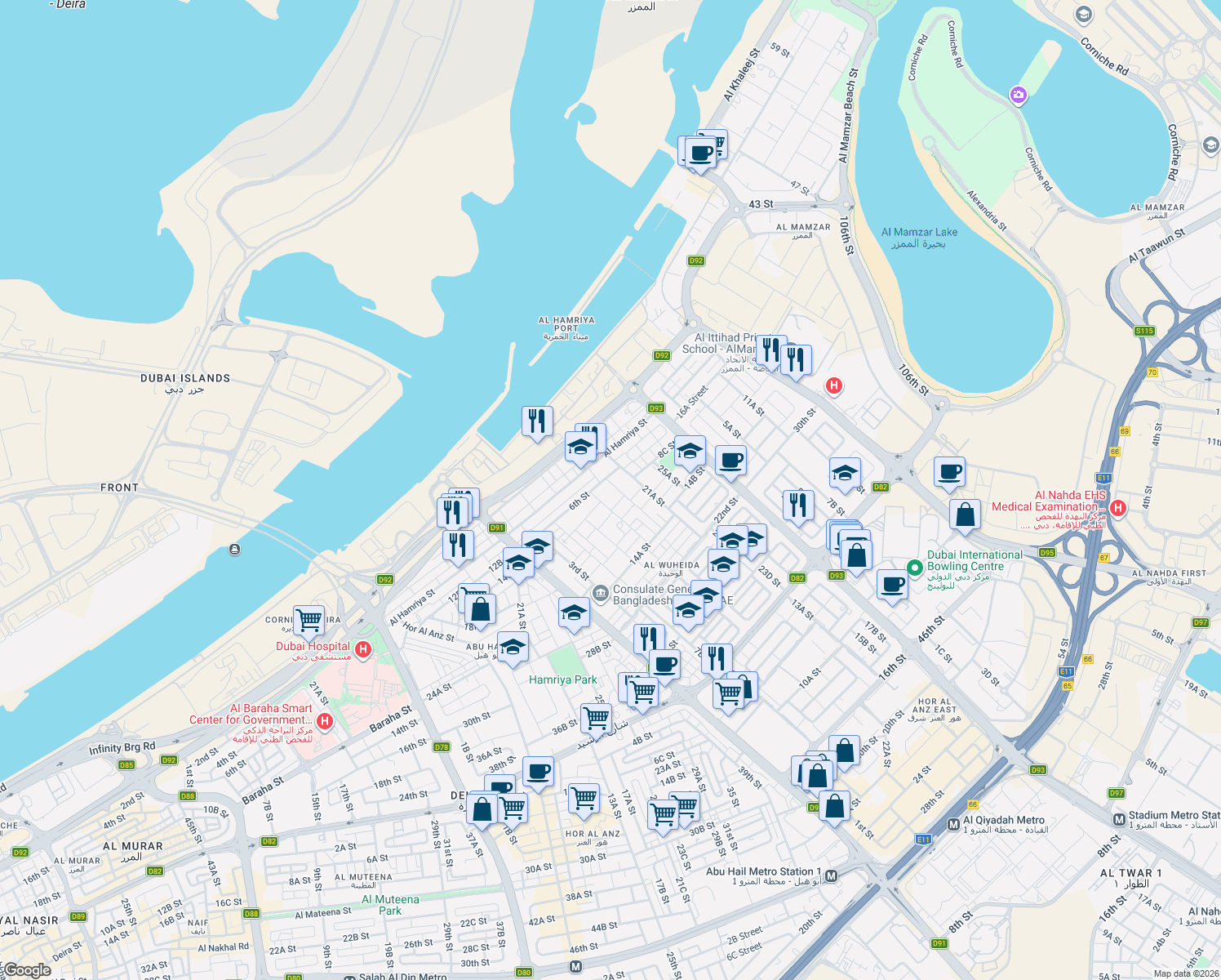 map of restaurants, bars, coffee shops, grocery stores, and more near 4 19dStreet in Dubai