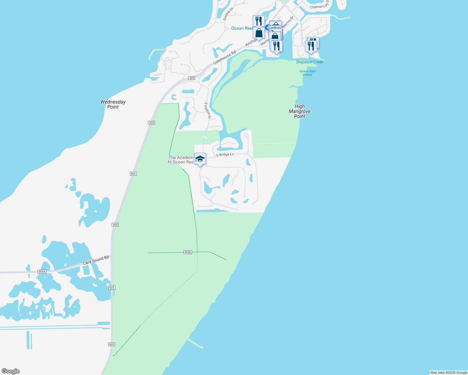 map of restaurants, bars, coffee shops, grocery stores, and more near 9 Bayberry Lane in Key Largo