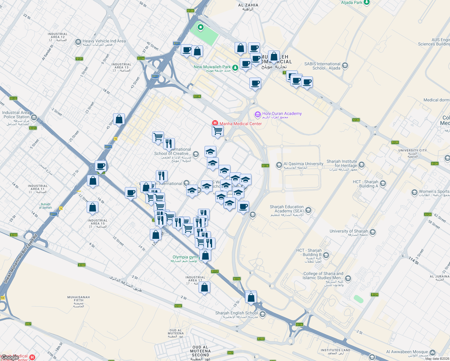 map of restaurants, bars, coffee shops, grocery stores, and more near Fire Station Road - Muwaileh in Sharjah