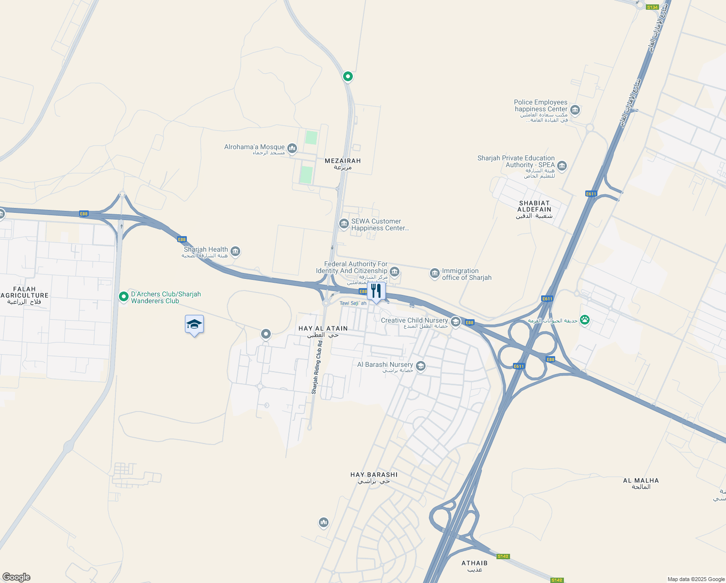 map of restaurants, bars, coffee shops, grocery stores, and more near E88 in Sharjah