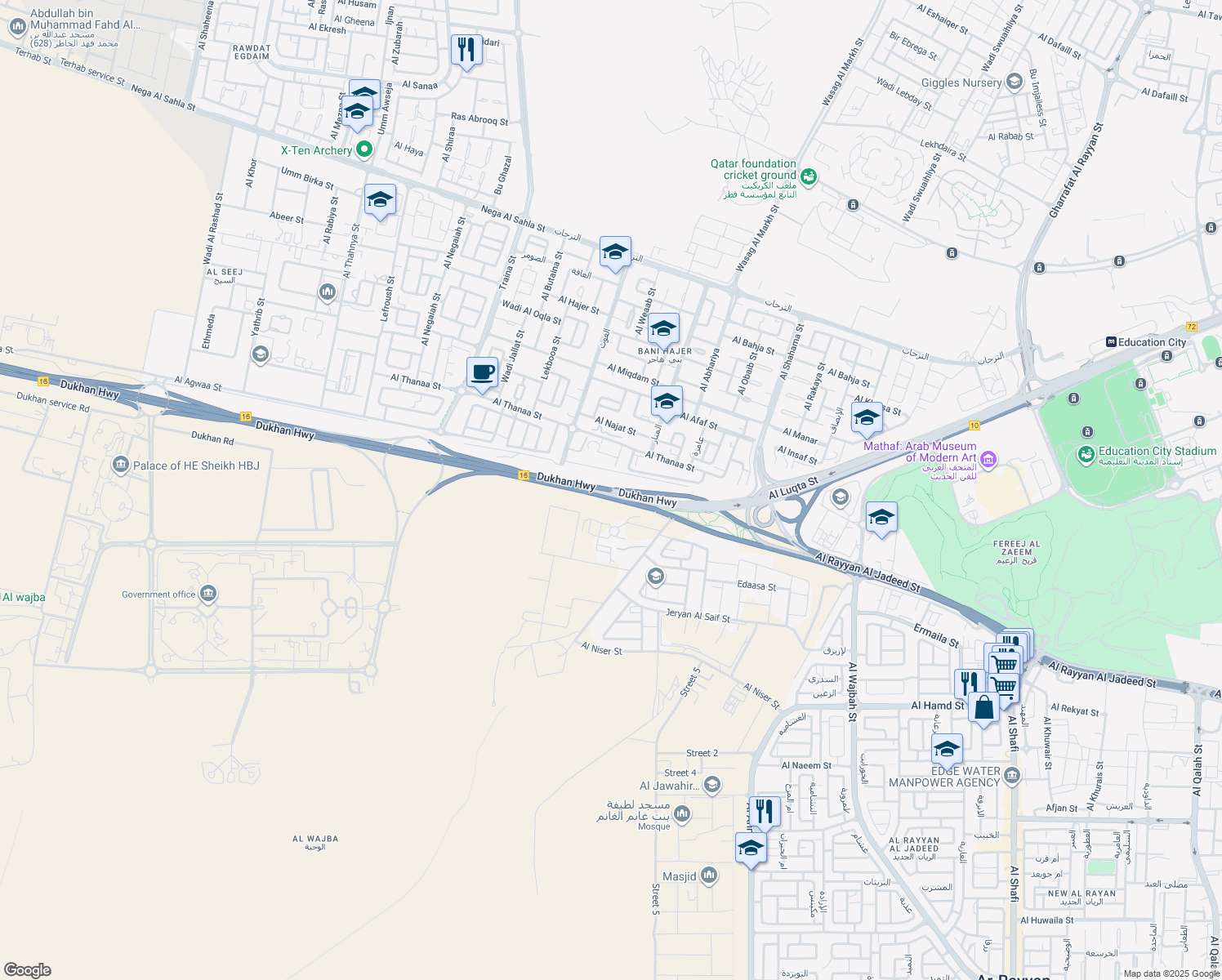 map of restaurants, bars, coffee shops, grocery stores, and more near Al Luqta Street in Ar Rayyan