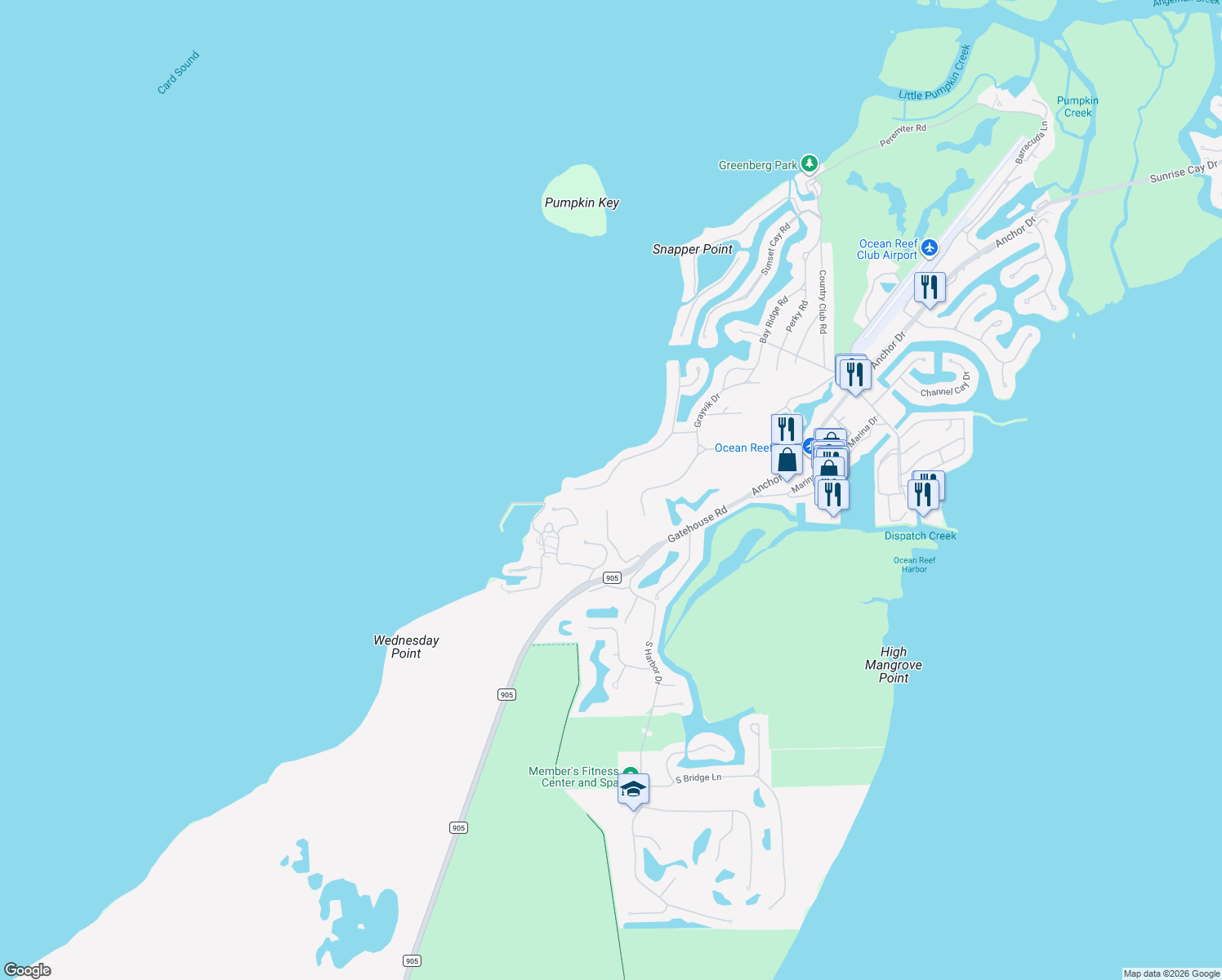 map of restaurants, bars, coffee shops, grocery stores, and more near 40 Card Sound Road in Key Largo