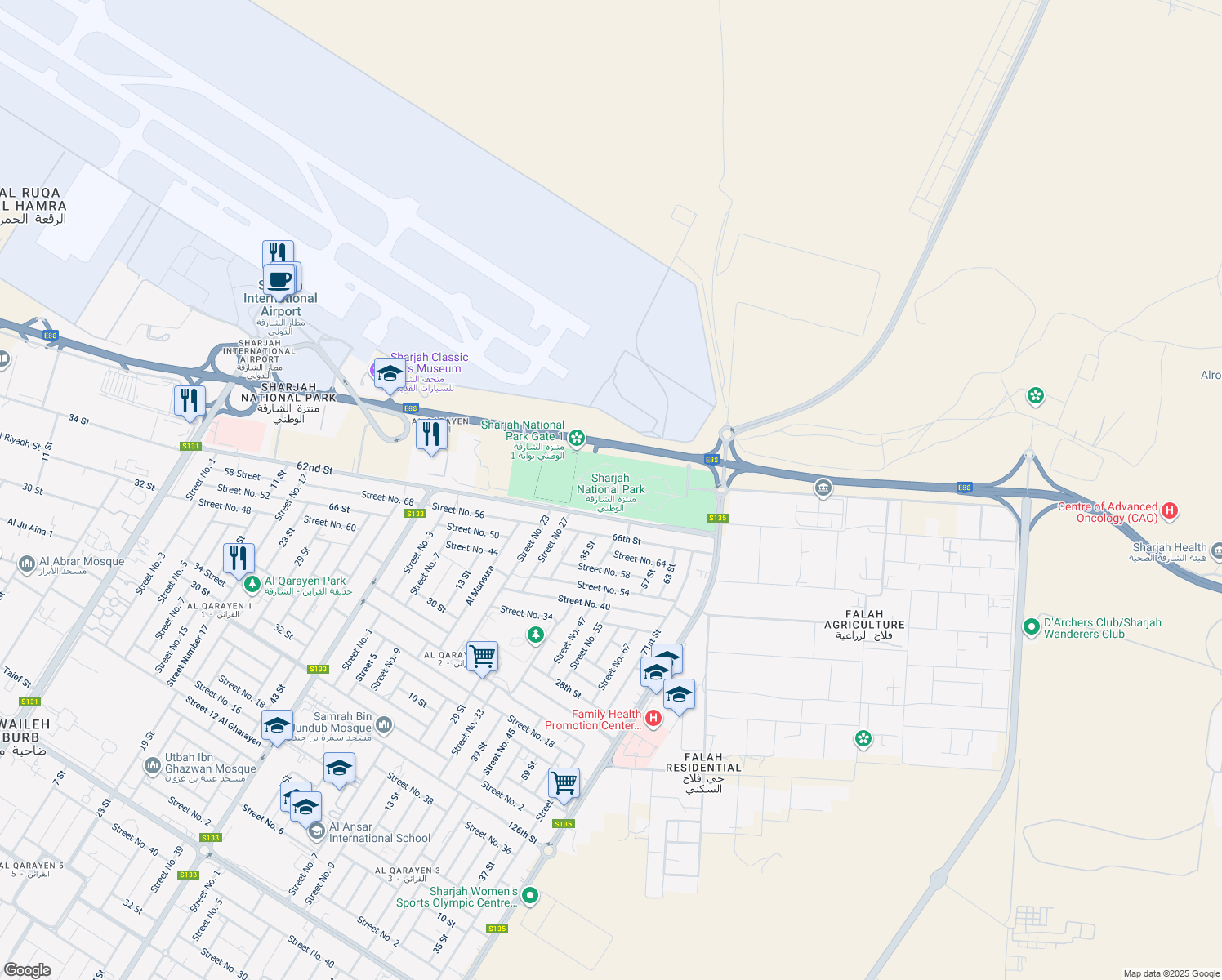 map of restaurants, bars, coffee shops, grocery stores, and more near E88 in Sharjah
