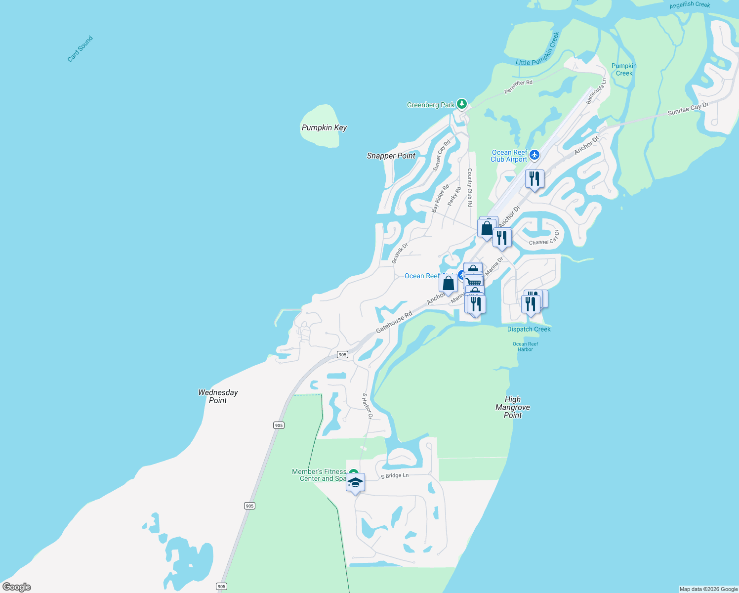 map of restaurants, bars, coffee shops, grocery stores, and more near 7 Halfway Road in Key Largo