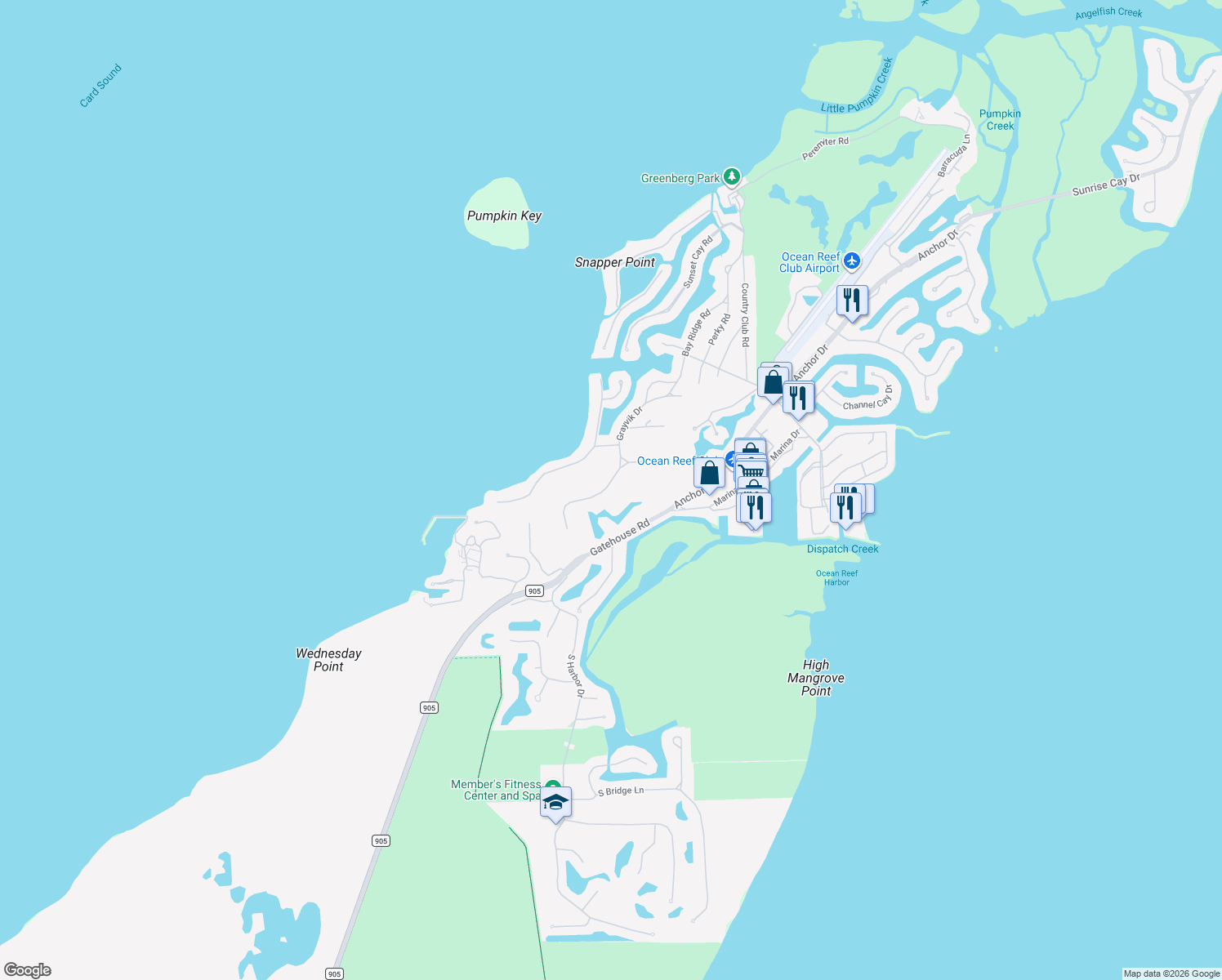 map of restaurants, bars, coffee shops, grocery stores, and more near 21 Halfway Road in Key Largo