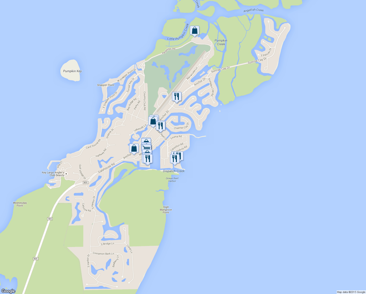 map of restaurants, bars, coffee shops, grocery stores, and more near 210 Andros Rd in Key Largo